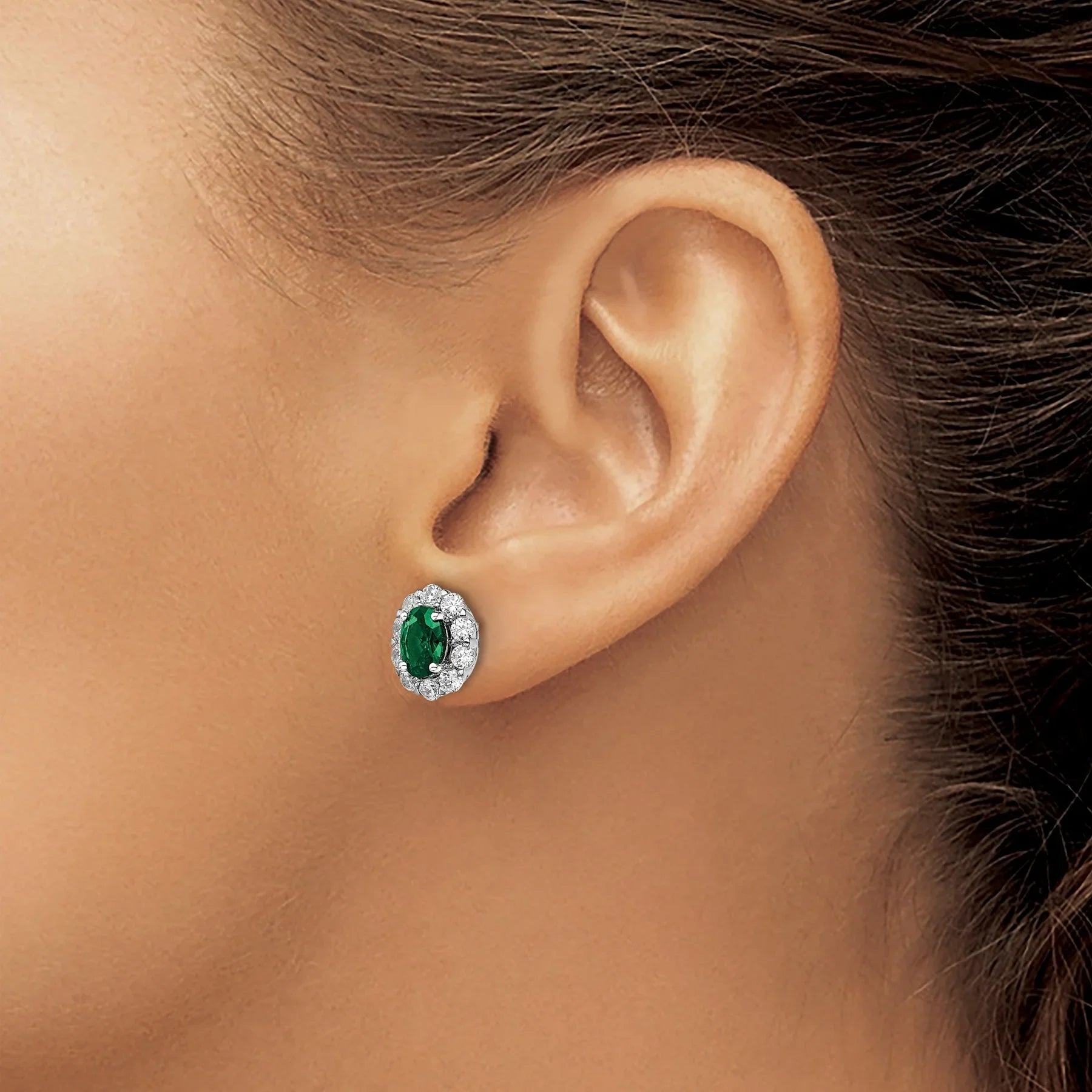 14k Gold Lab Grown Diamond Oval Emerald Halo Studs Earrings - Fine Diamond