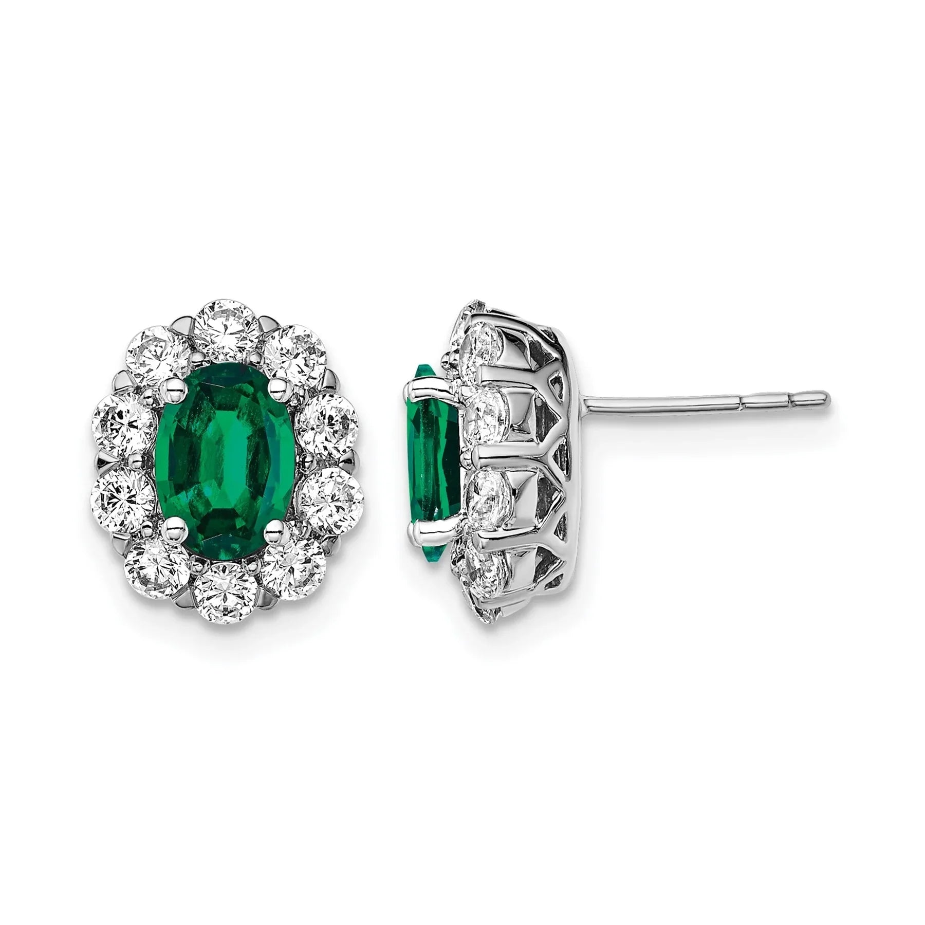 14k Gold Lab Grown Diamond Oval Emerald Halo Studs Earrings - Fine Diamond