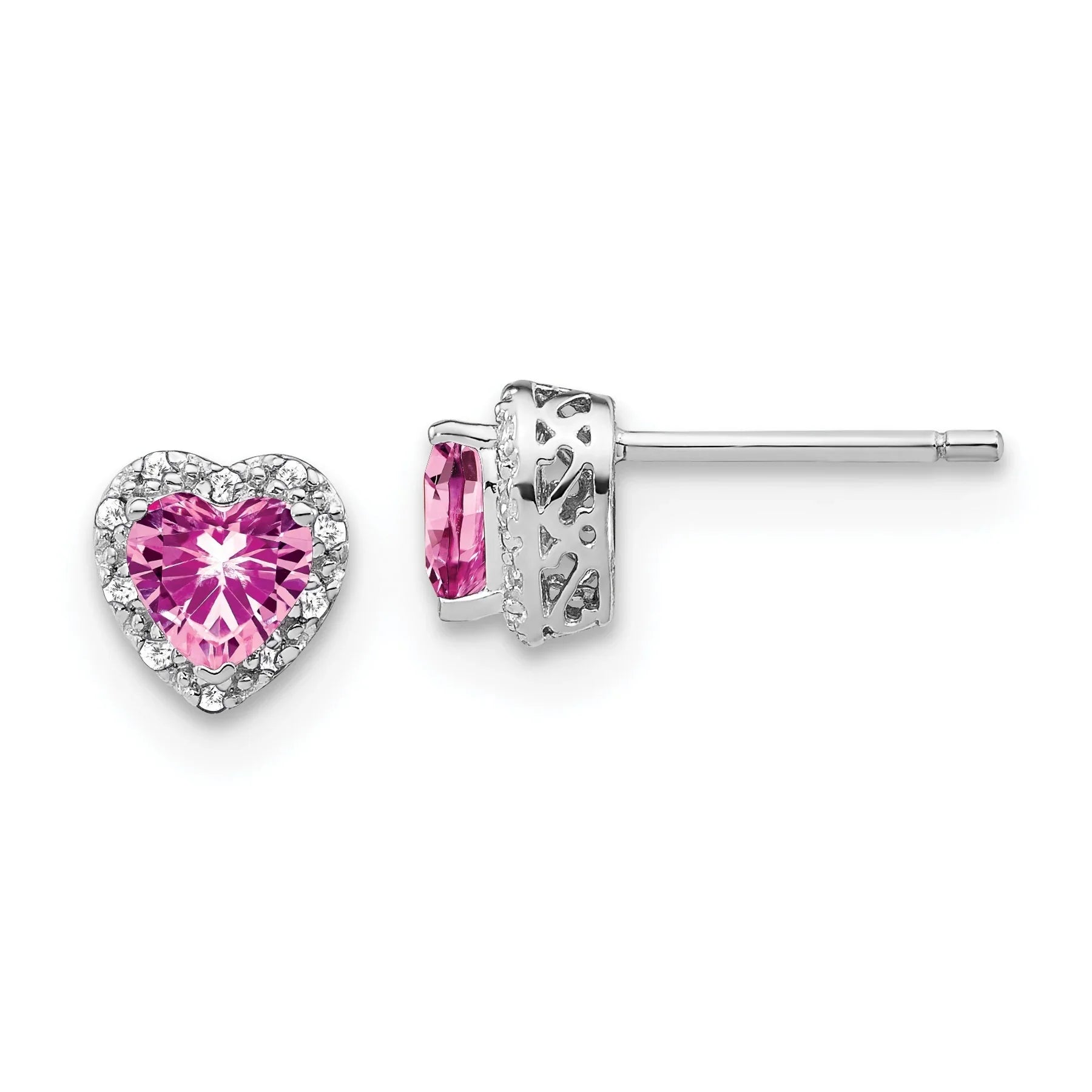 14K White Gold Lab Grown Diamond Heart Pink Sapphire Studs 1.10 Ct. - Fine Diamond
