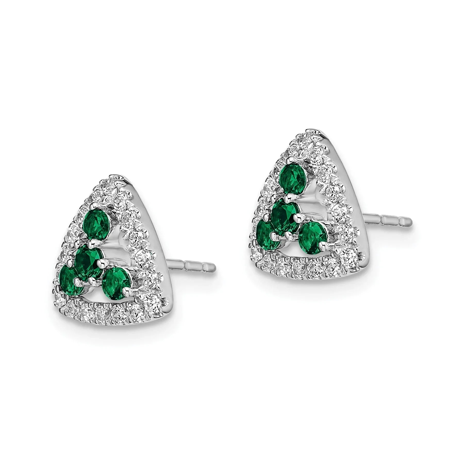 14k Gold Lab Grown Diamond and Created Emerald Triangle Stud Earrings - Fine Diamond