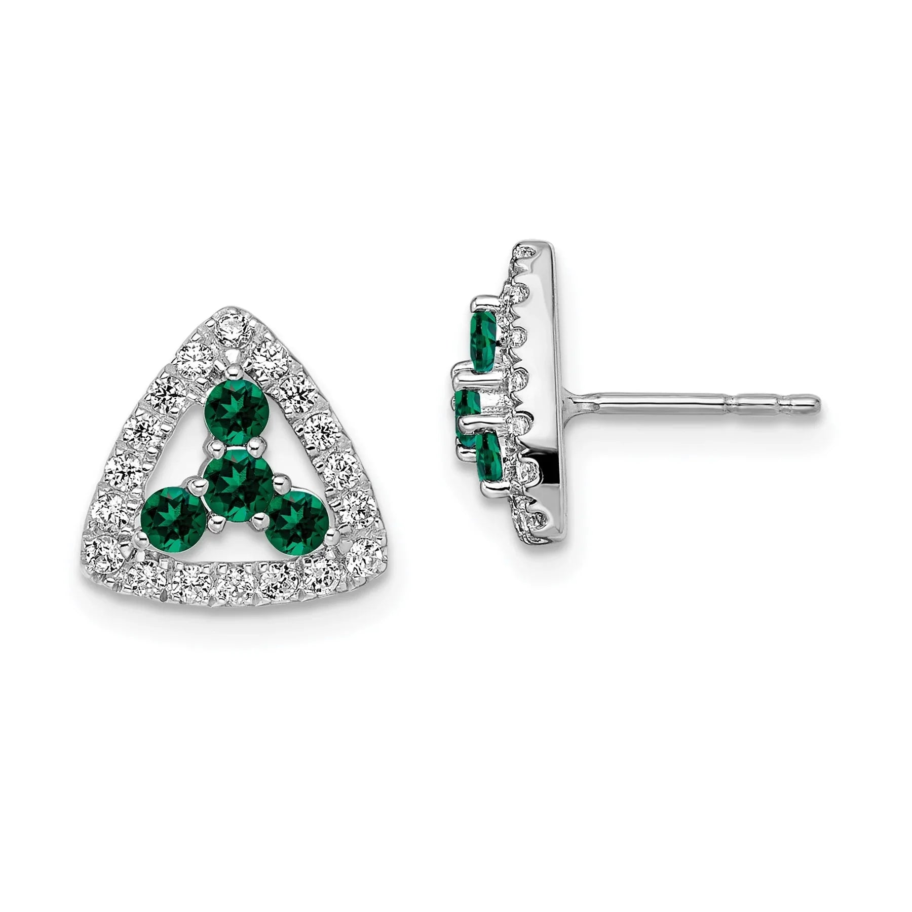 14k Gold Lab Grown Diamond and Created Emerald Triangle Stud Earrings - Fine Diamond