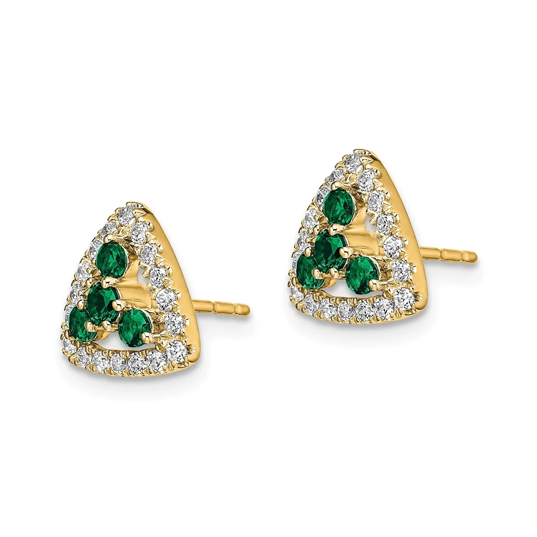 14k Gold Lab Grown Diamond and Created Emerald Triangle Stud Earrings - Fine Diamond