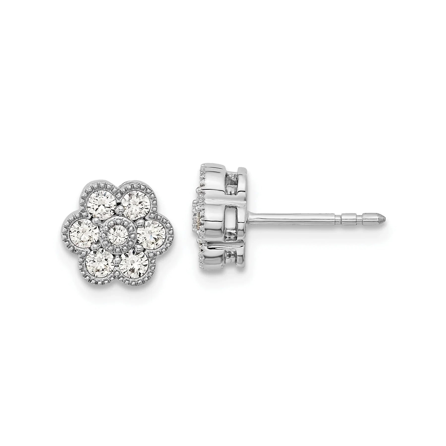 14k White Gold Lab Grown Diamond Floral Post Stud Earrings - Fine Diamond
