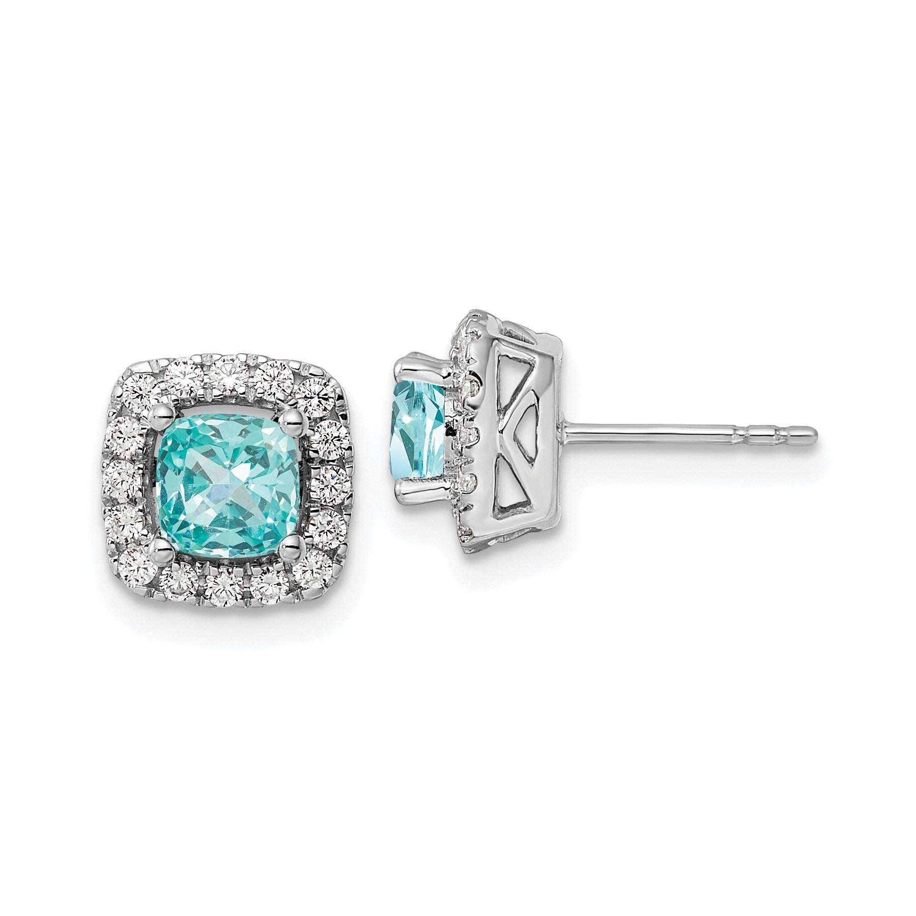 14K White Gold Lab Grown Diamond and Paraiba Halo Post Stud Earrings 0.37 Ct