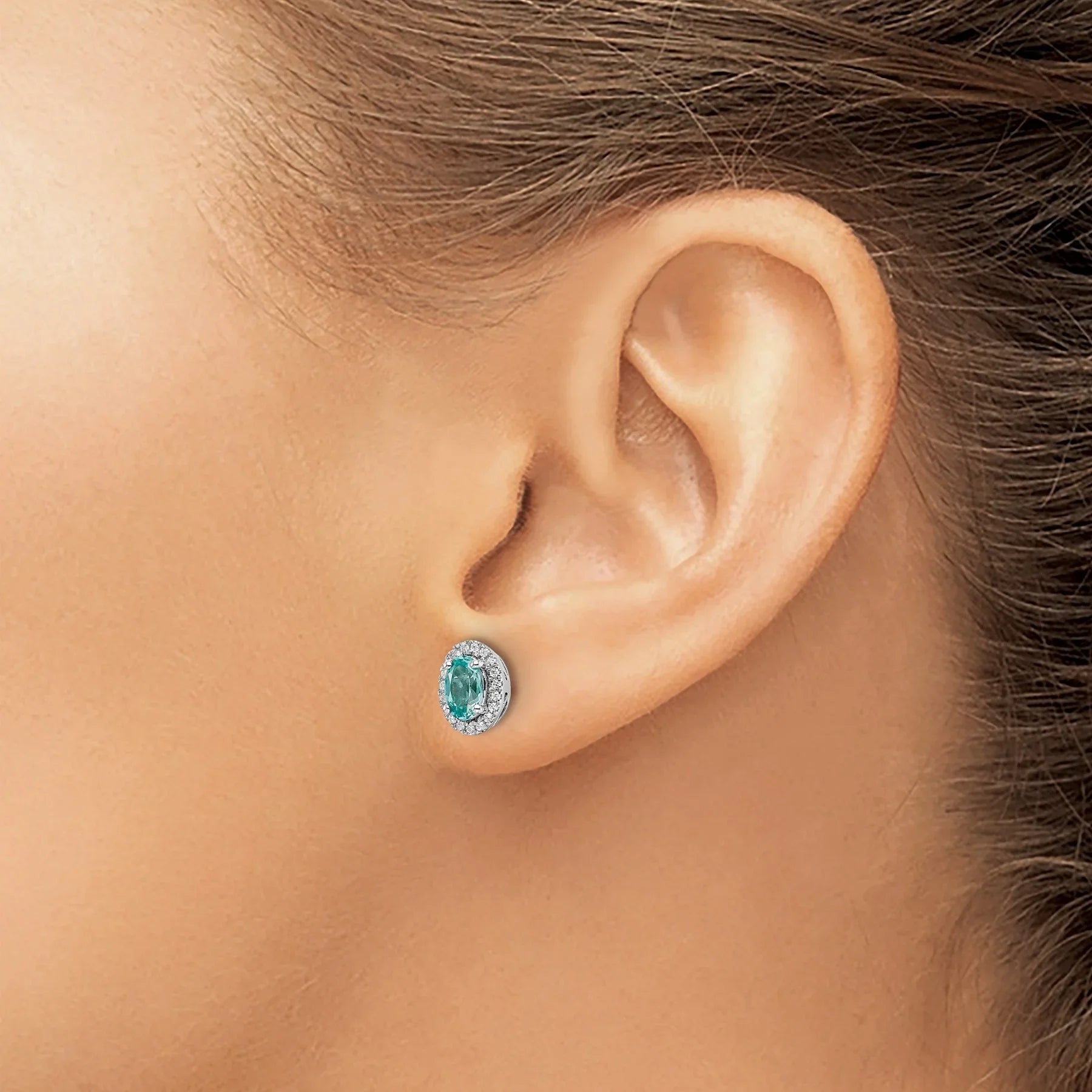 14K White Gold Lab Grown Diamond and Oval Paraiba Stud Earrings - Fine Diamond