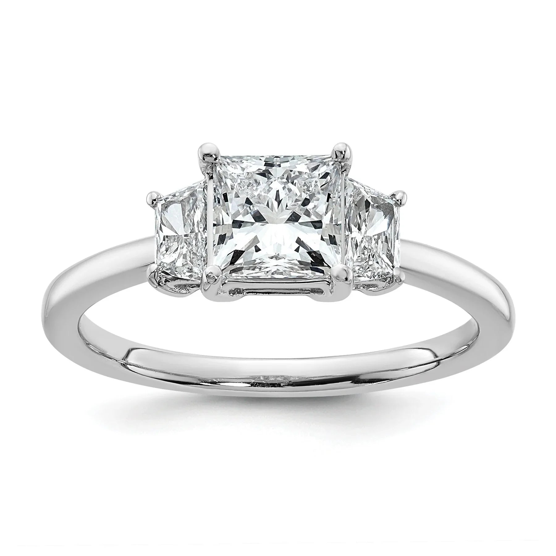 14K White Gold Lab Grown Diamond Princess & Trapezoid 3-Stone Bridal Rings - Fine Diamond