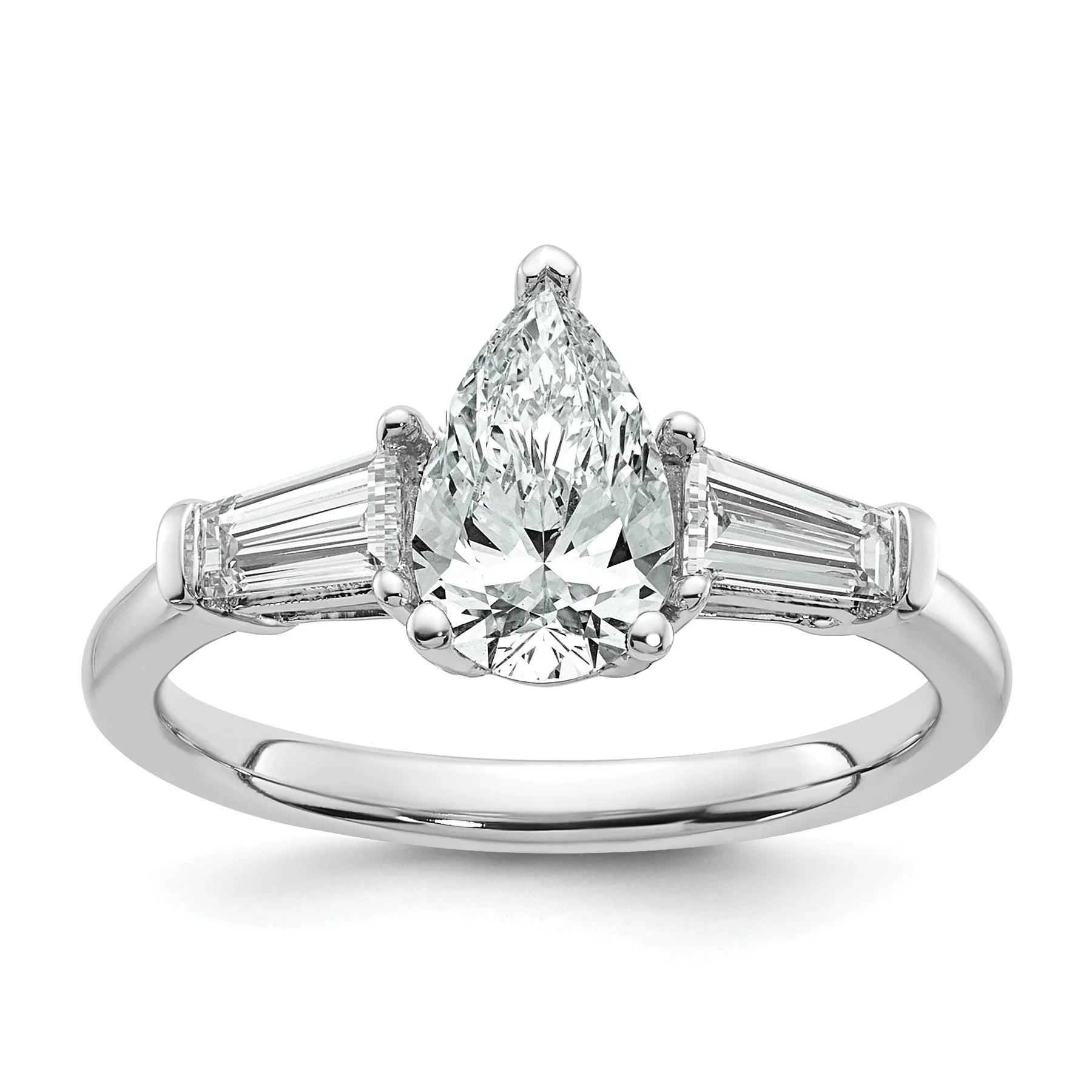 14k White Gold Lab Grown Pear Diamond Baguette 3-Stone Bridal Ring - Fine Diamond