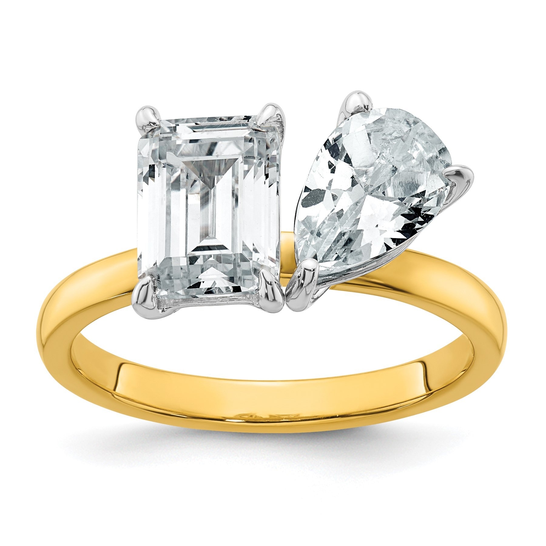 14K Yellow Gold Lab Grown Diamond Pear and Emerald Two Stone Ring 2.88 Ct