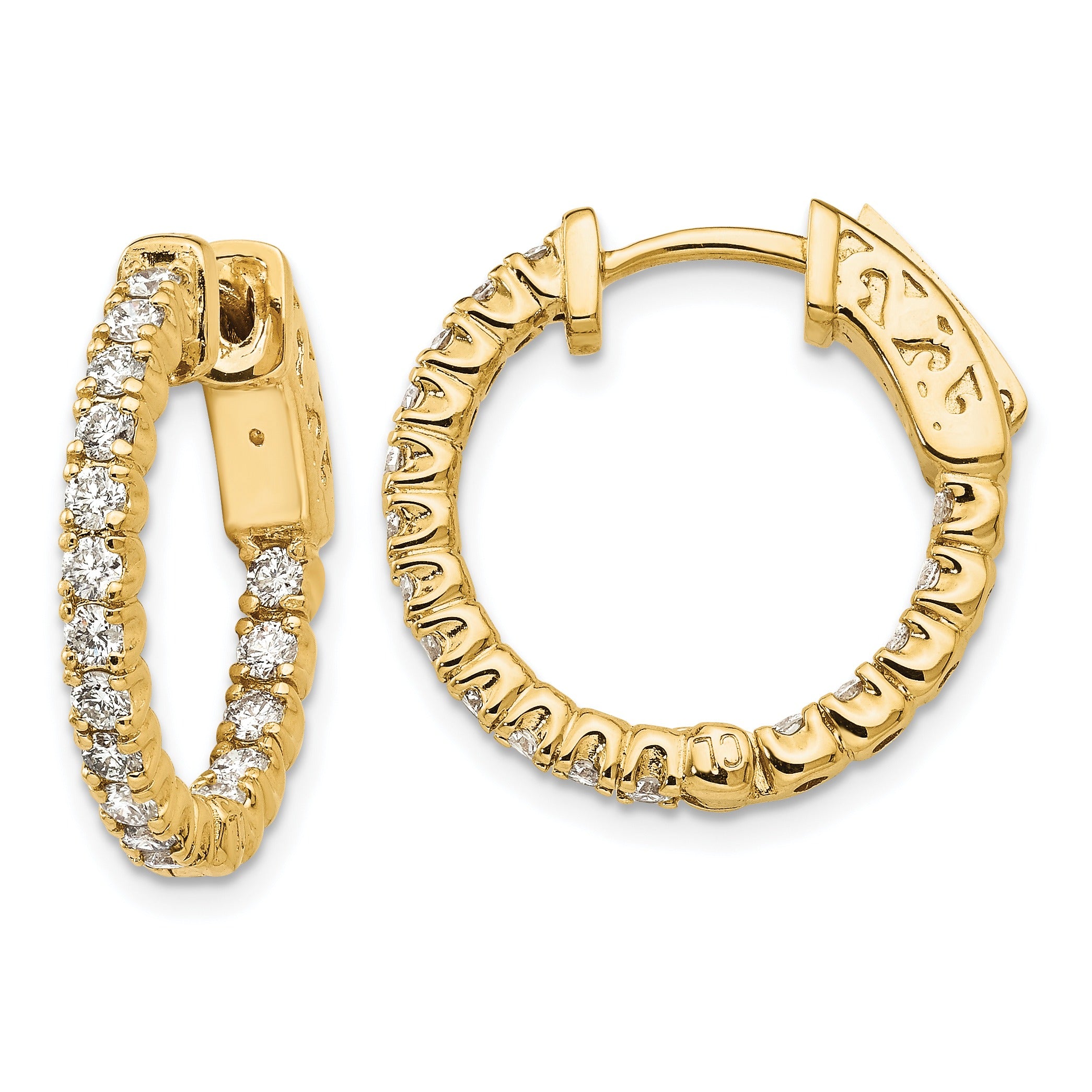 14k Yellow Gold Diamond Round Hoop with Safety Clasp Earrings 1 Ct