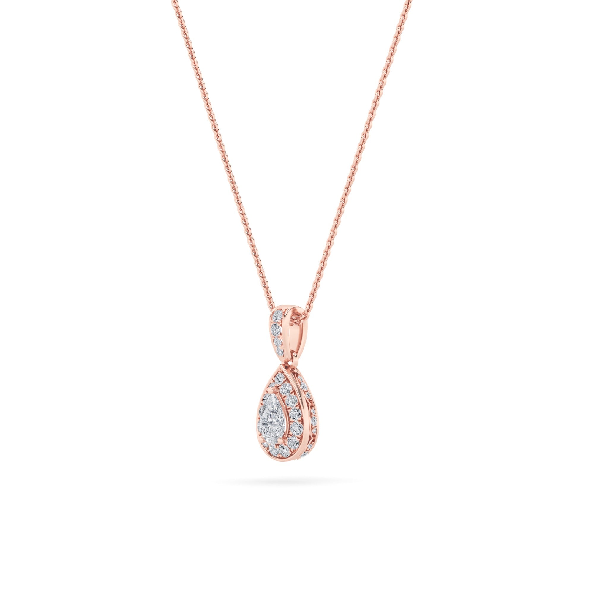 1.25 Ct Pear (F/VS) Lab Grown Diamond Prong 14K Rose Gold Classic Halo Solitaire Pendant Necklace