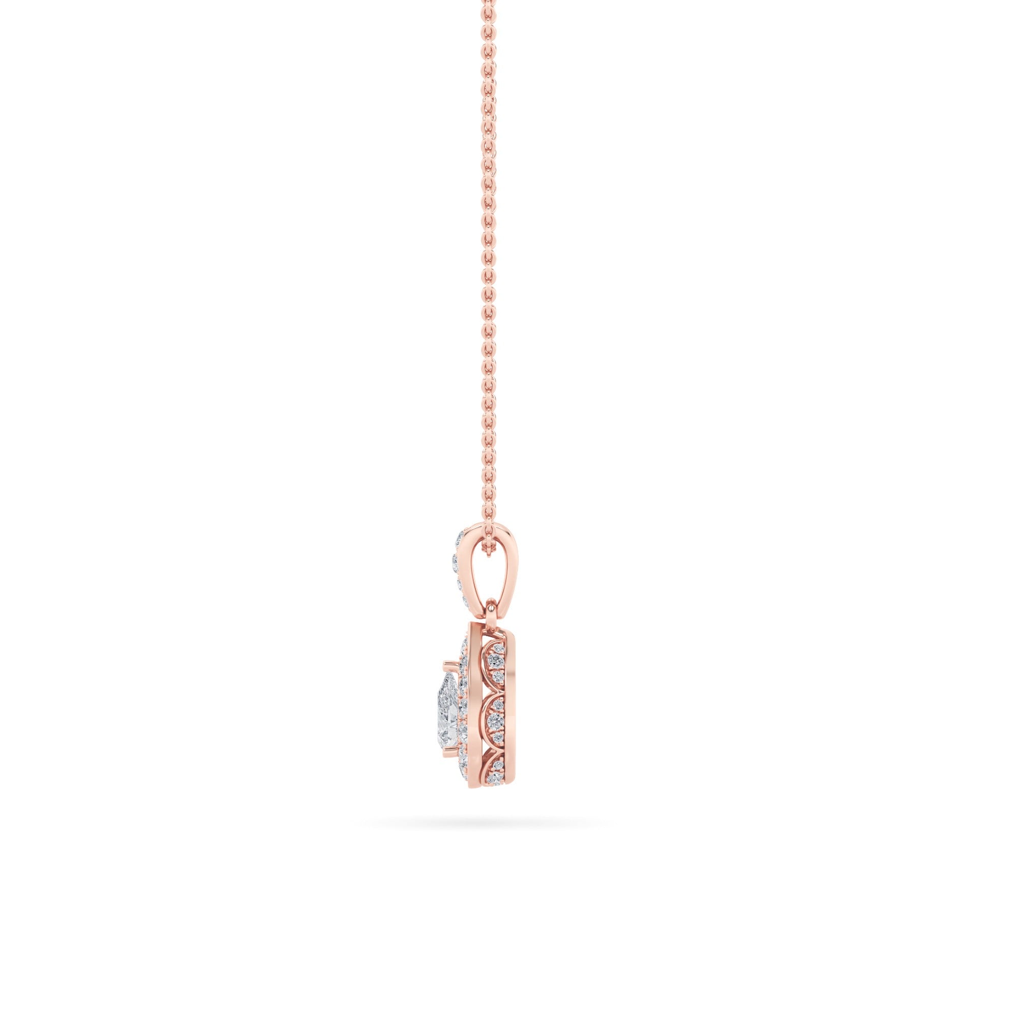 1.25 Ct Pear (F/VS) Lab Grown Diamond Prong 14K Rose Gold Classic Halo Solitaire Pendant Necklace