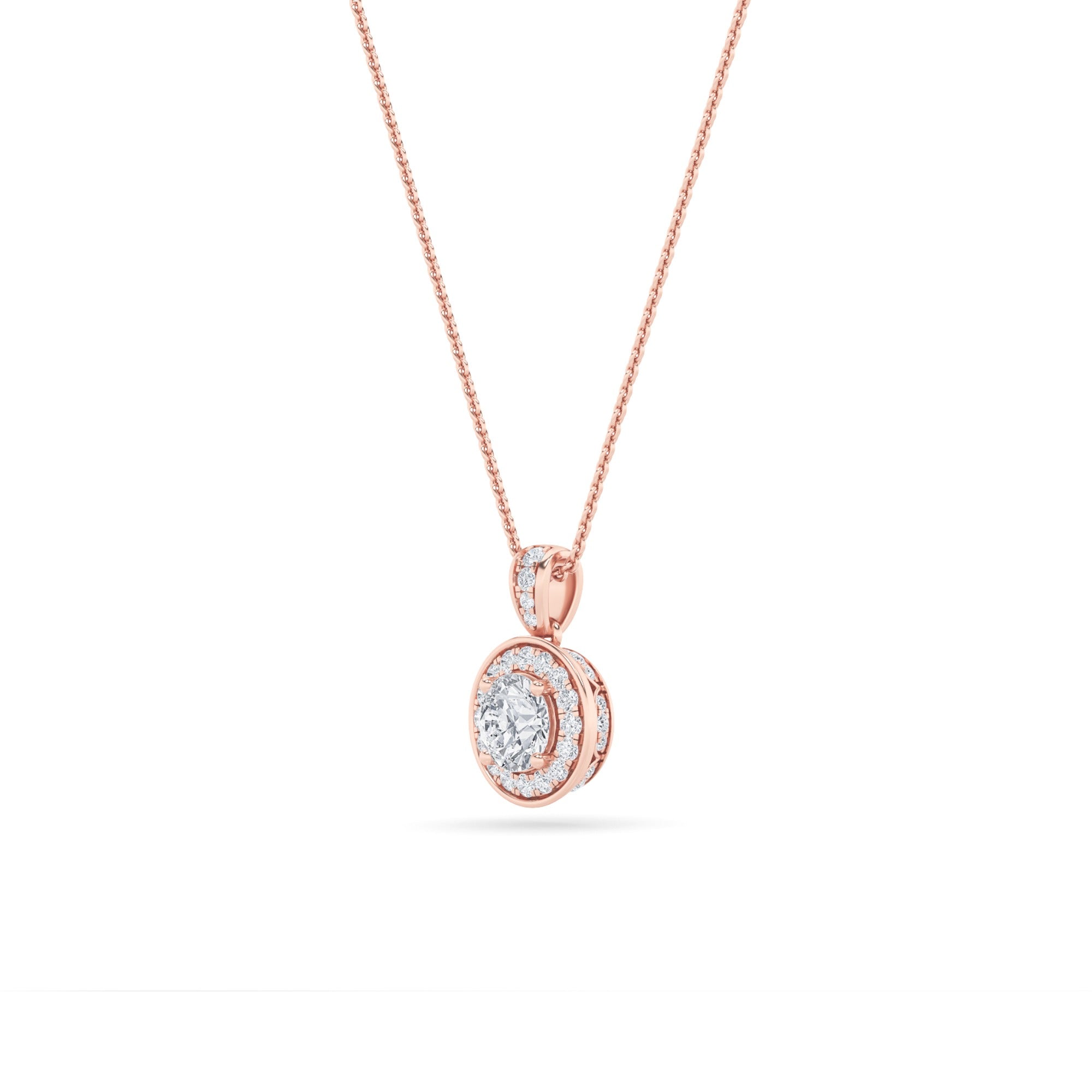 0.75 Ct Round (F/VS) Lab Grown Diamond Prong 14K Rose Gold Classic Halo Solitaire Pendant Necklace
