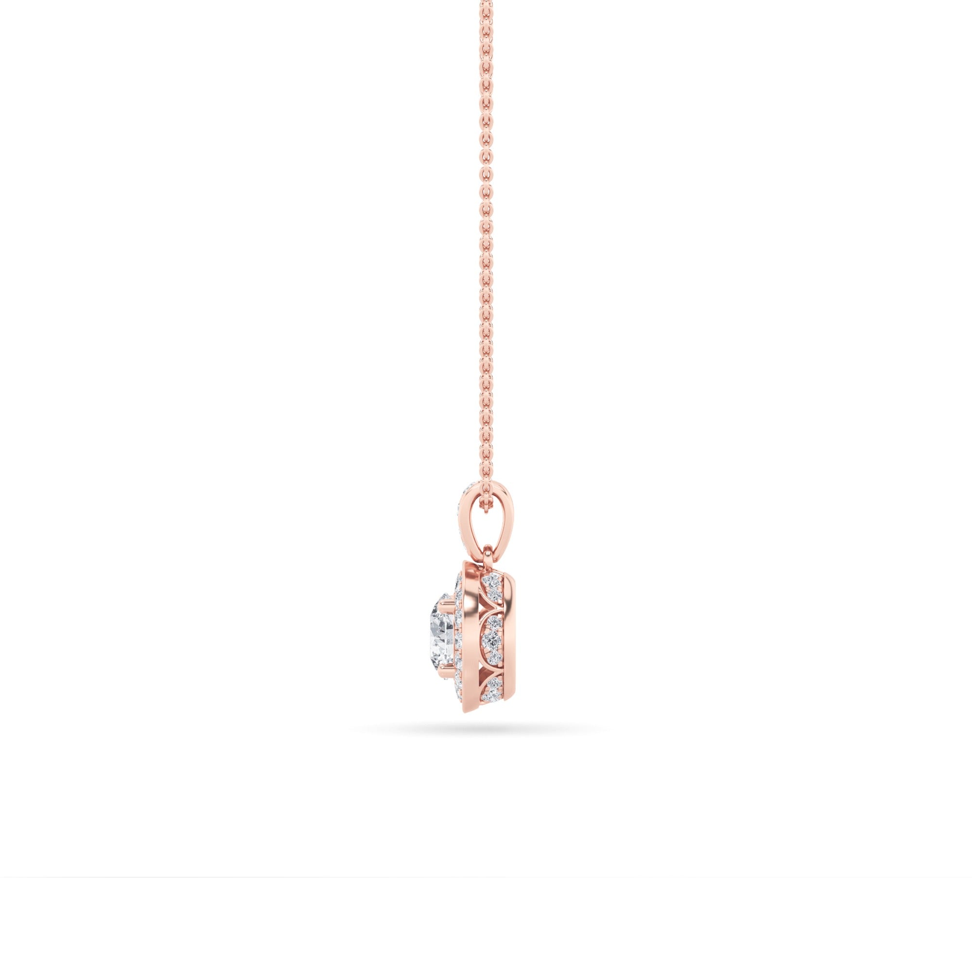 0.75 Ct Round (F/VS) Lab Grown Diamond Prong 14K Rose Gold Classic Halo Solitaire Pendant Necklace