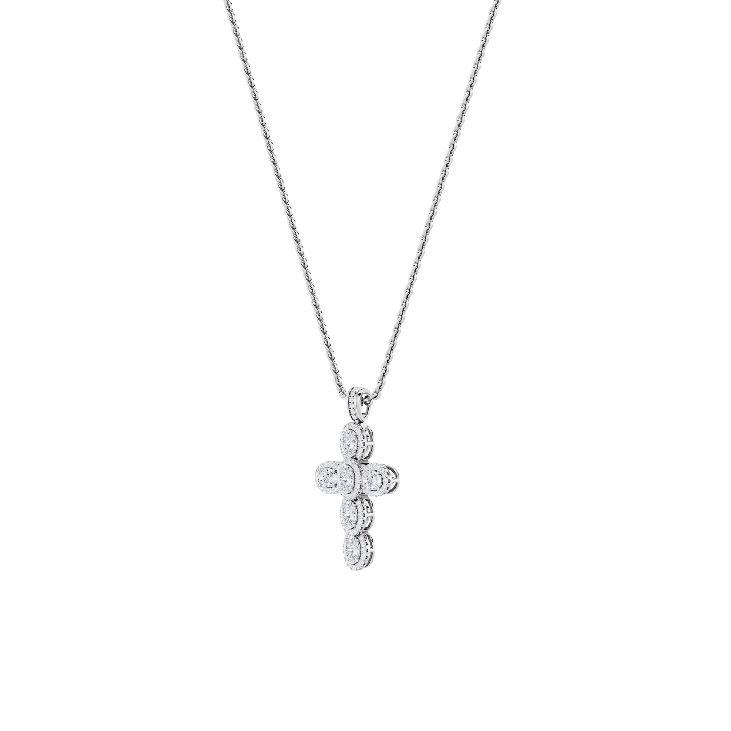 3.0 Ct Oval (F/VS) Lab Grown Diamond Prong 14K White Gold Fancy Halo Cross Pendant Necklace