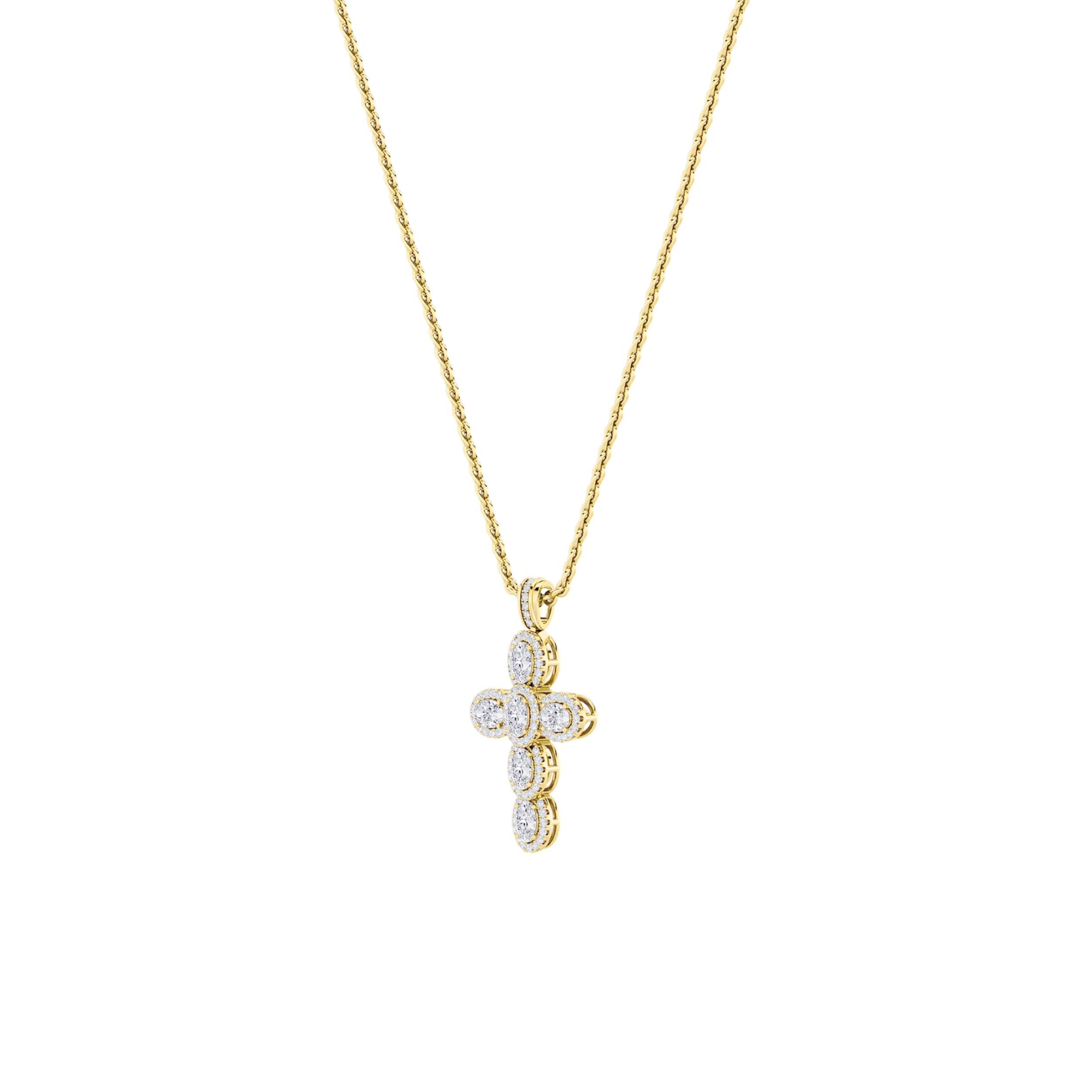 3.0 Ct Oval (F/VS) Lab Grown Diamond Prong 14K Yellow Gold Fancy Halo Cross Pendant Necklace