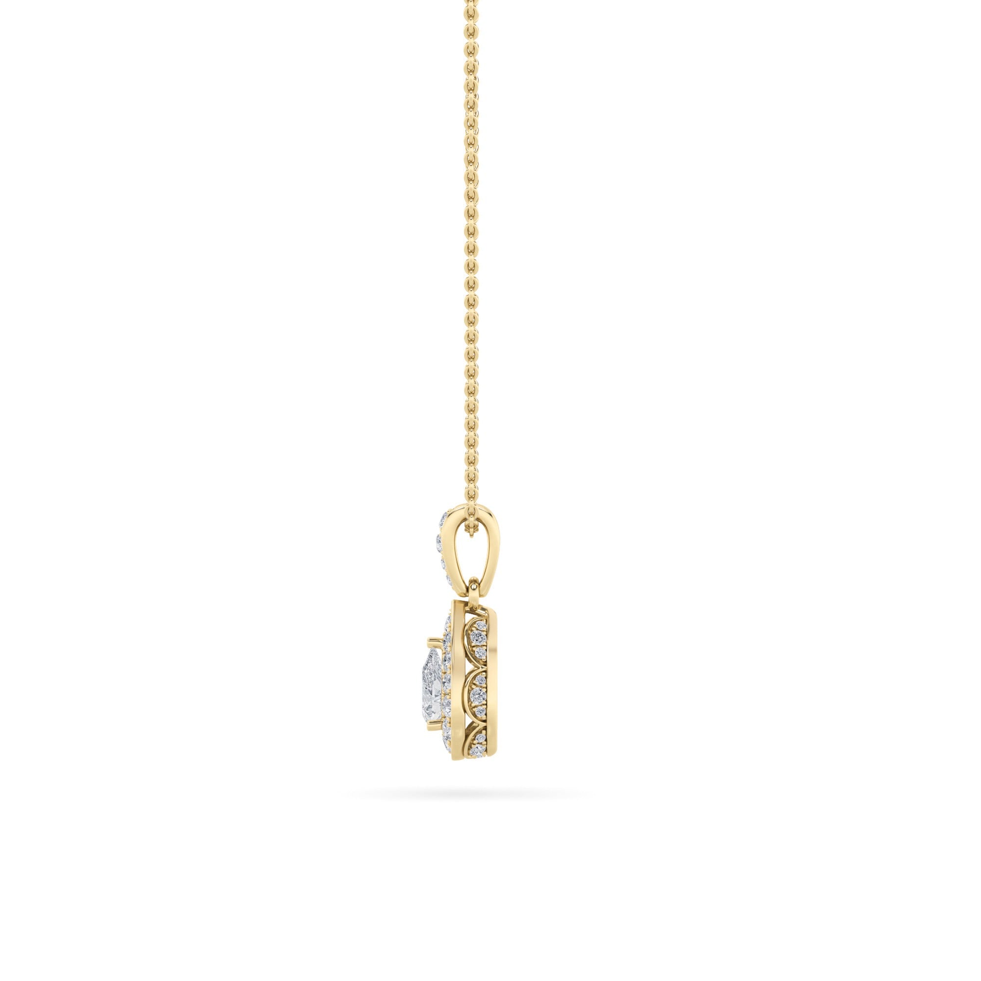 1.25 Ct Pear (F/VS) Lab Grown Diamond Prong 14K Yellow Gold Classic Halo Solitaire Pendant Necklace