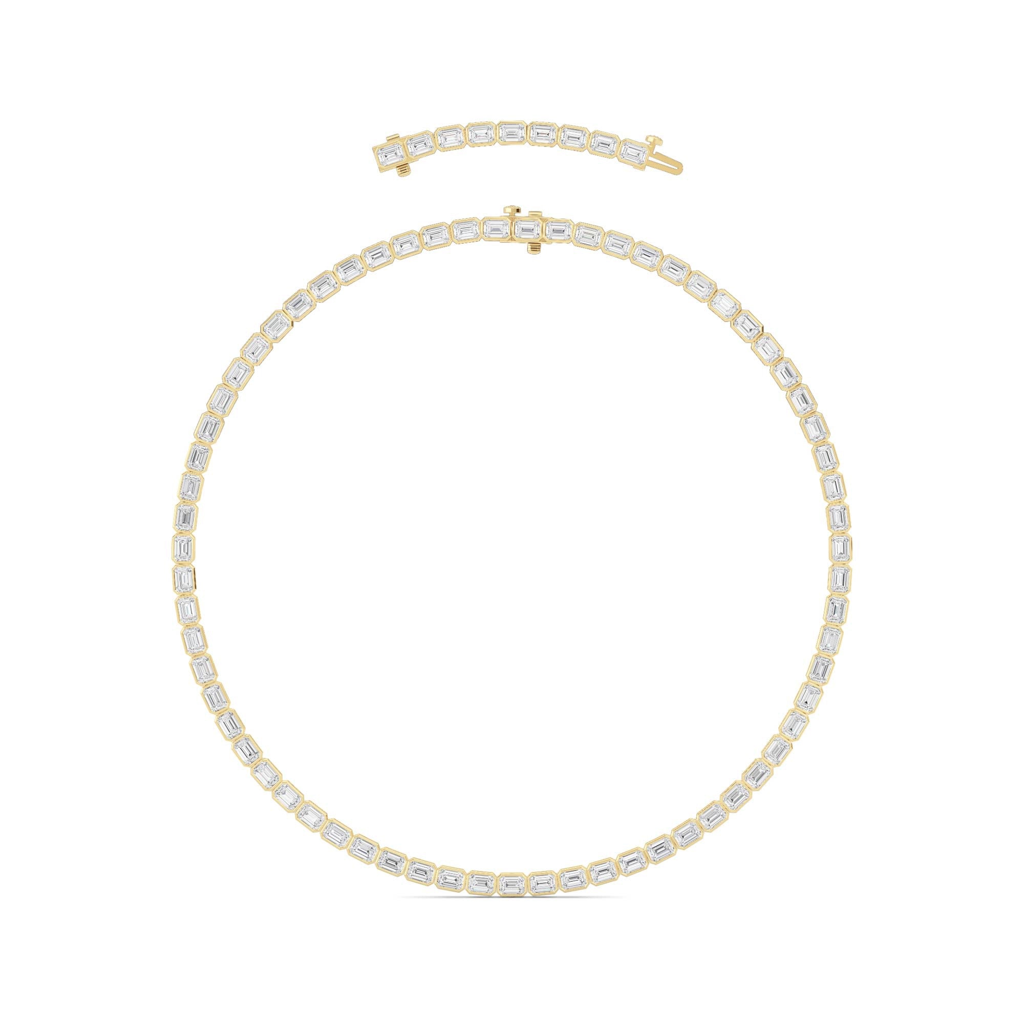 30.0 Ct Emerald (F/VS) Lab Grown Diamond Bezel 14K Yellow Gold Classic Eternity Tennis Necklace