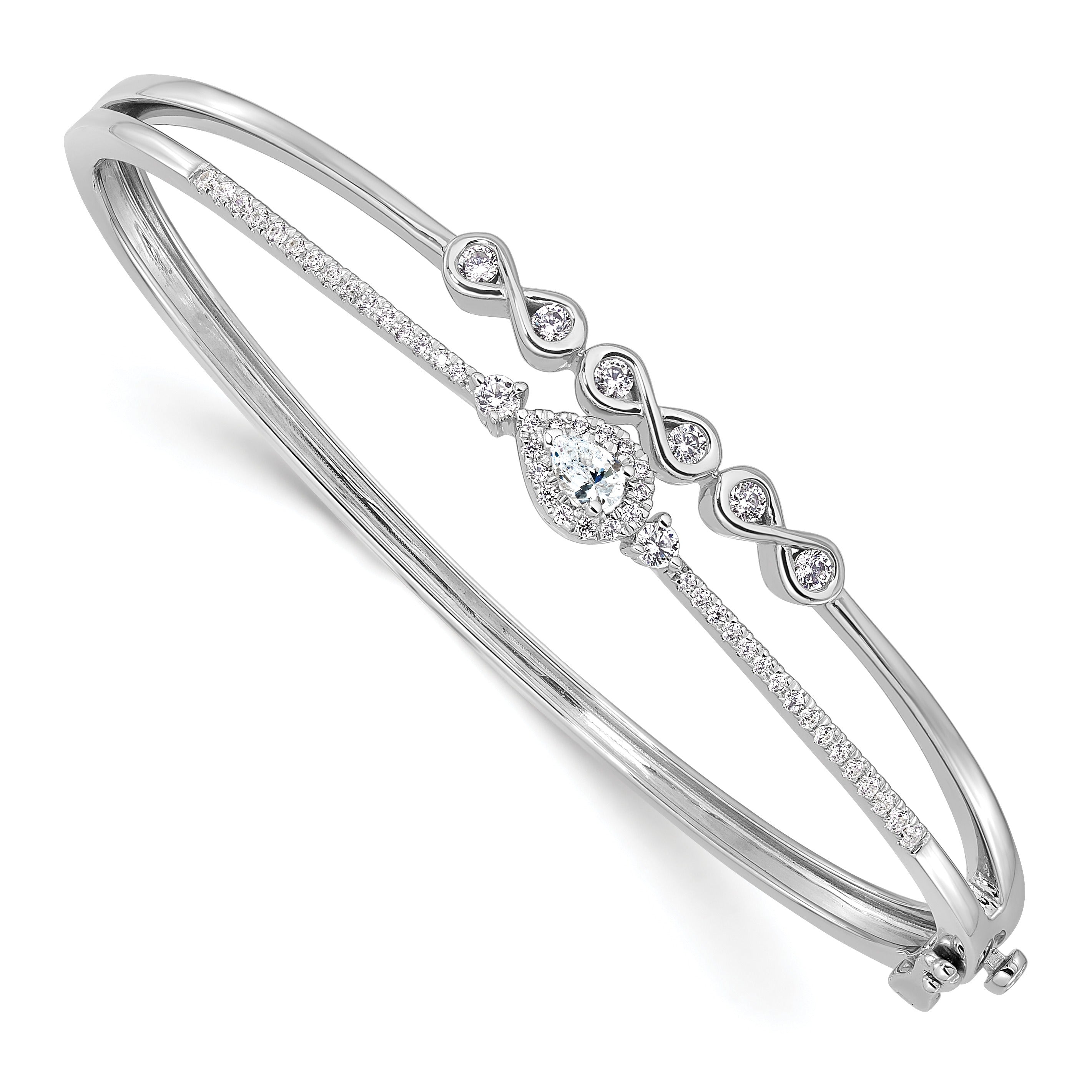 14k White Gold Lab Diamond Double Strand Infinity and Pear Bangle Bracelet