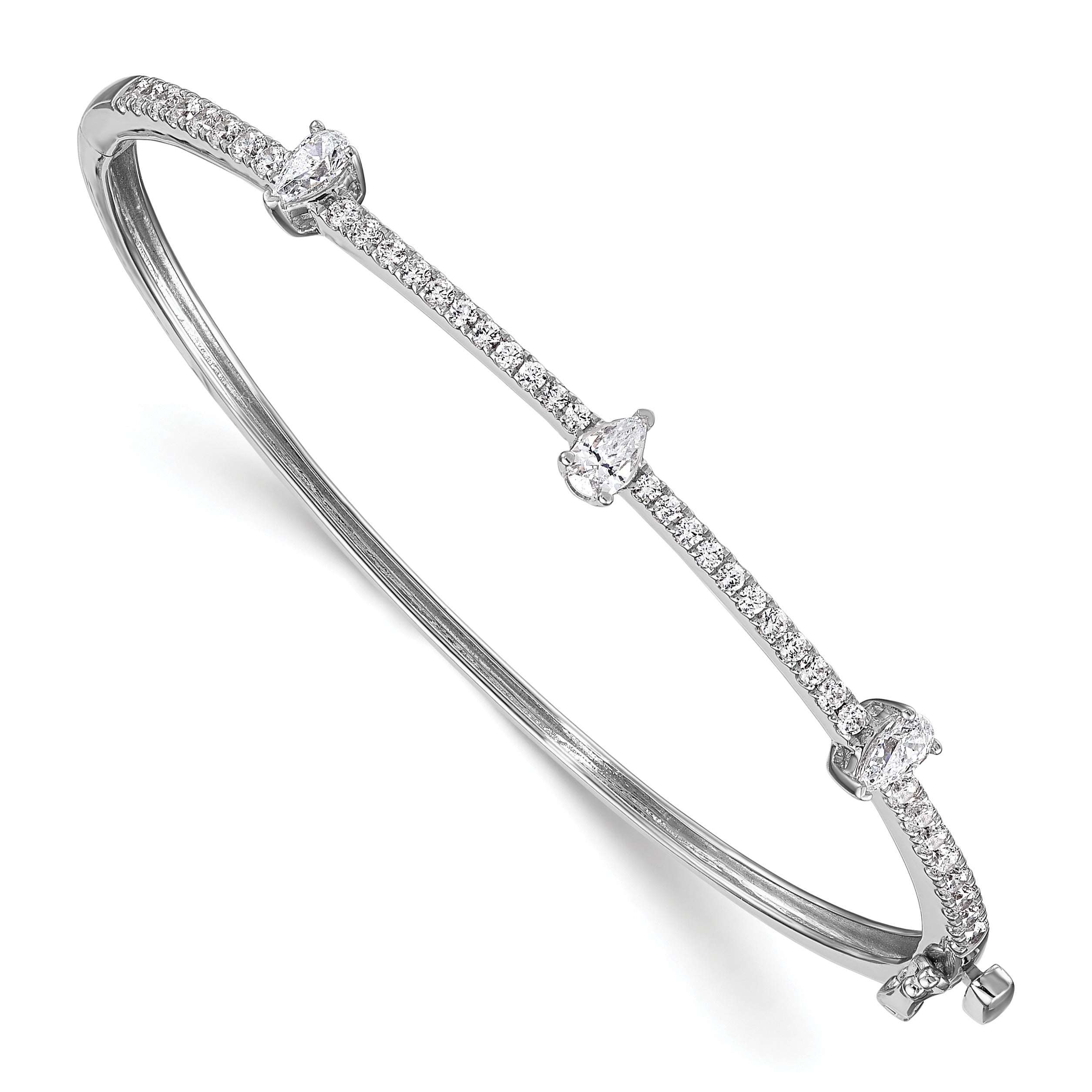 14k White Gold Lab Diamond Round and Pear Hinged Bangle Bracelet