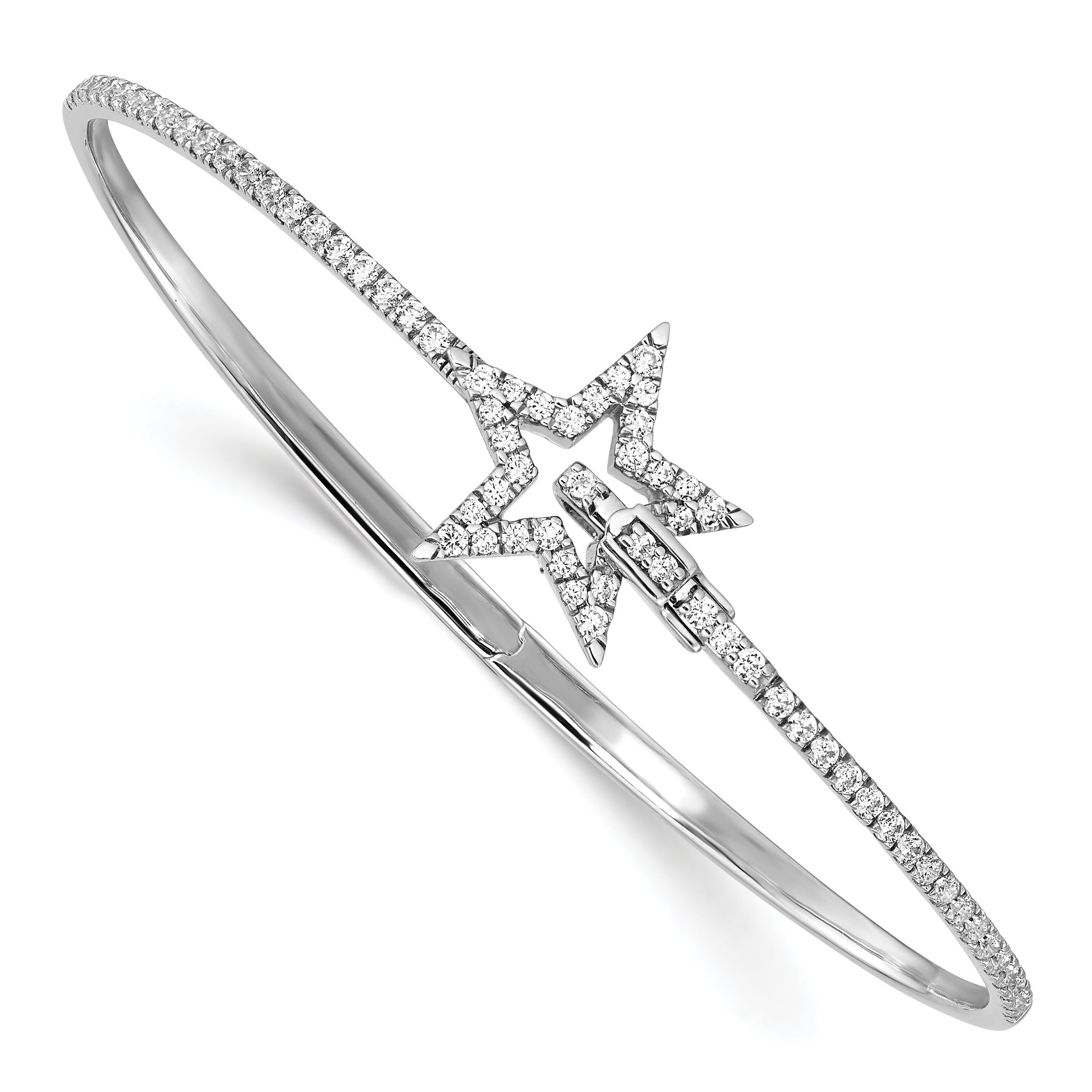 14k White Gold Lab Grown Diamond Star Hinged Bangle Bracelet