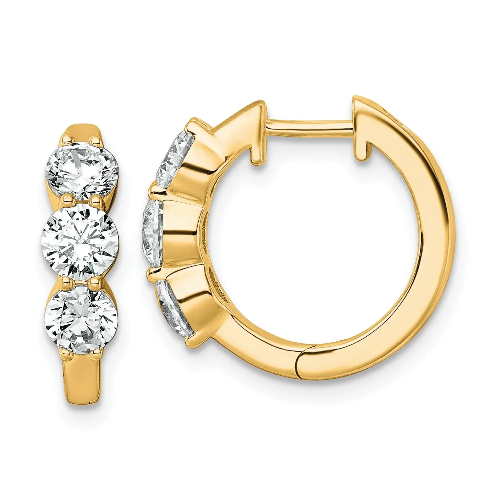 14K Yellow Gold Lab Grown Diamond Three Stone Hinged Hoop Earrings - Fine Diamond