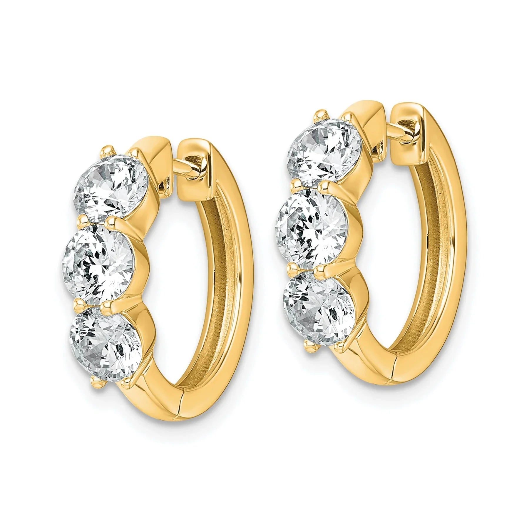 14K Yellow Gold Lab Grown Diamond Three Stone Hinged Hoop Earrings - Fine Diamond