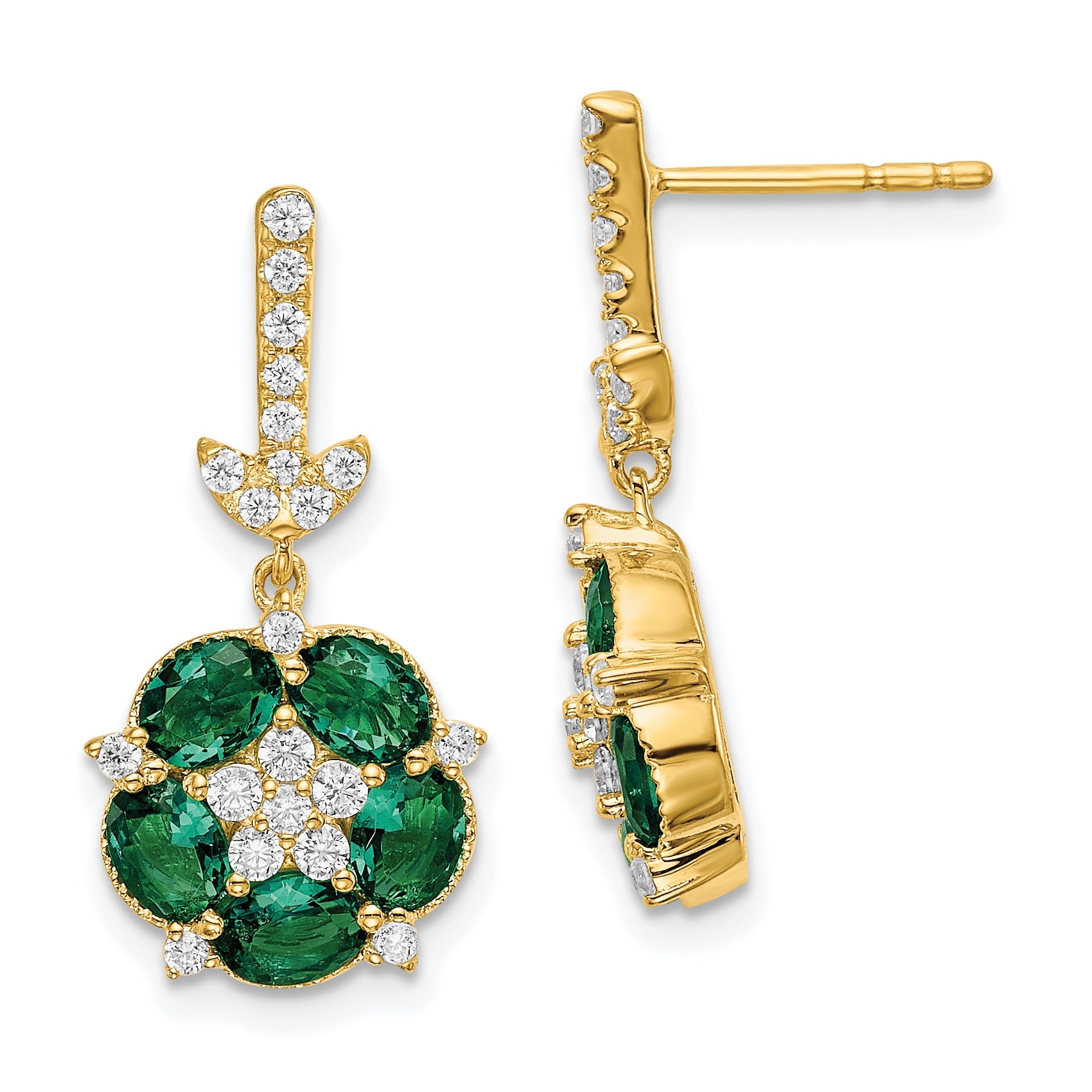 14k Gold Lab Grown Diamond and Created Emerald Dangle Post Earrings
