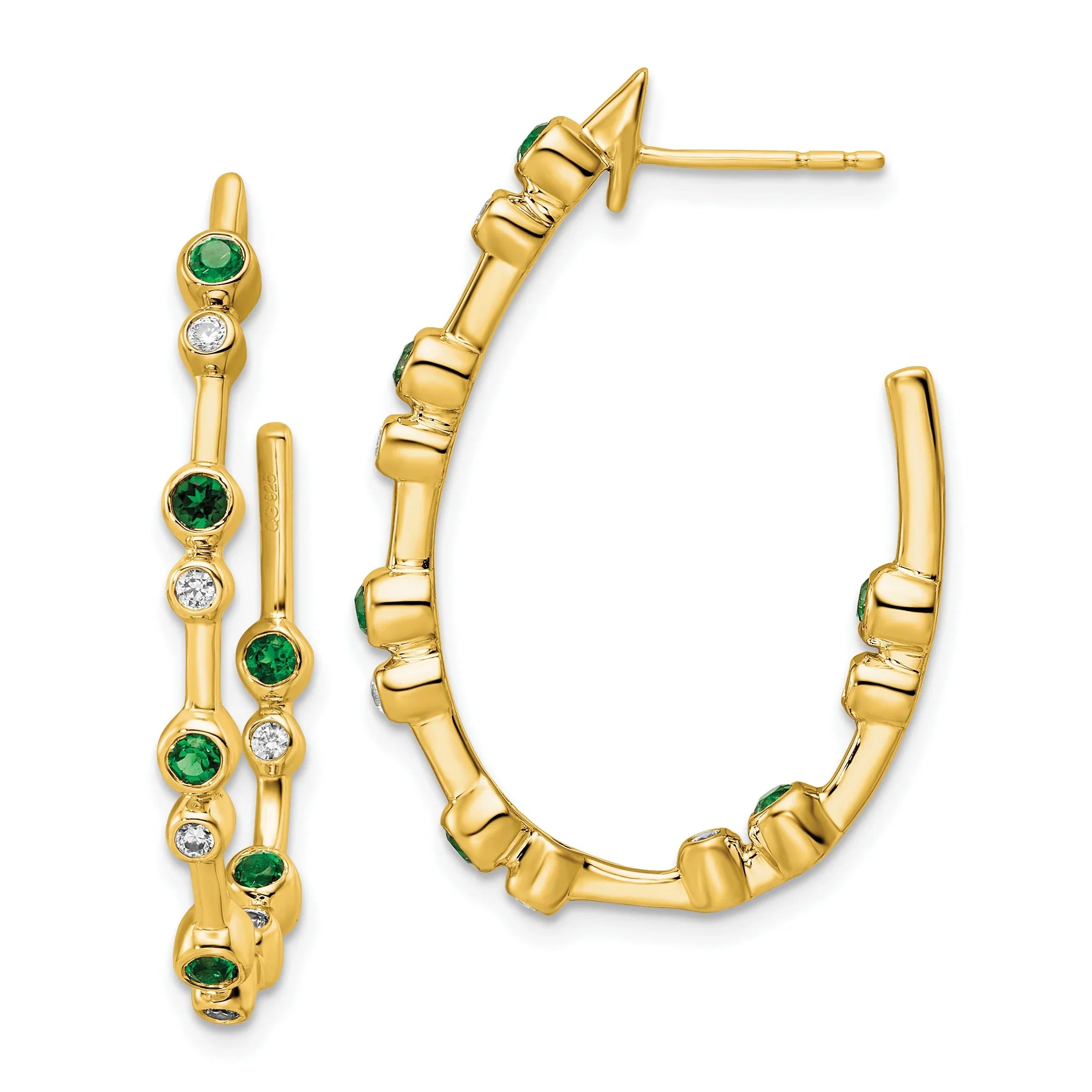 14K Yellow Gold Lab Grown Diamond and Emerald Post Hoop Earrings - Fine Diamond