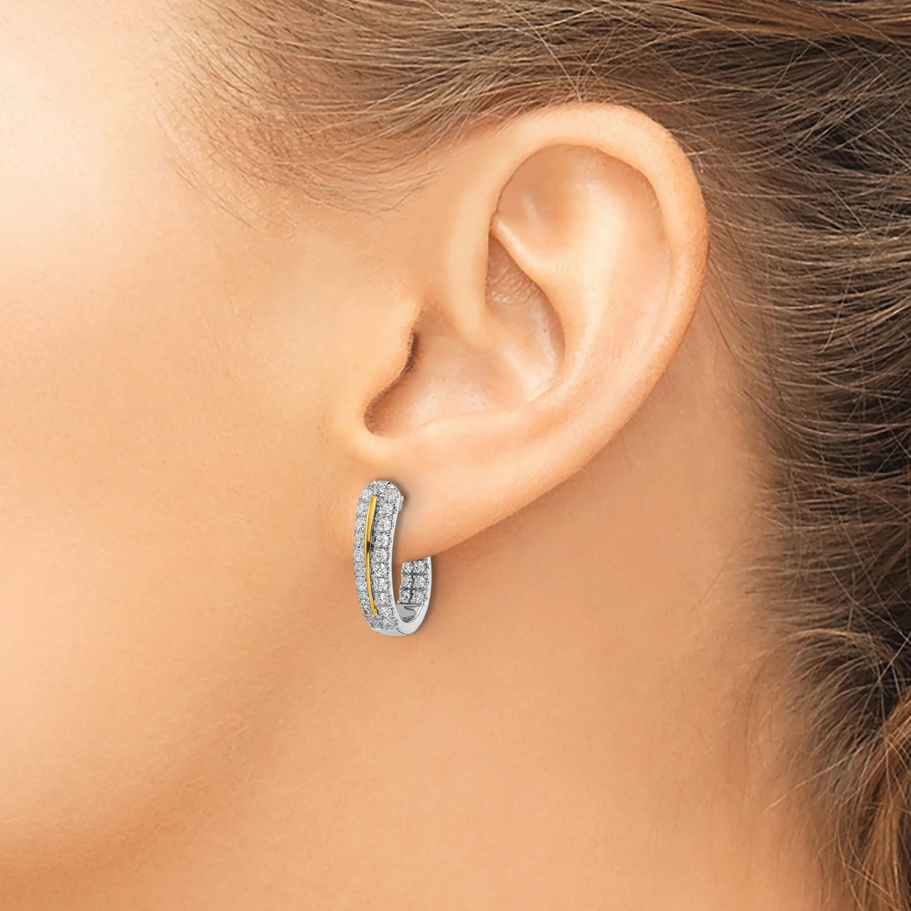 14K Two-Tone Lab Grown Diamond In and Out J-Hoop Earrings - Fine Diamond