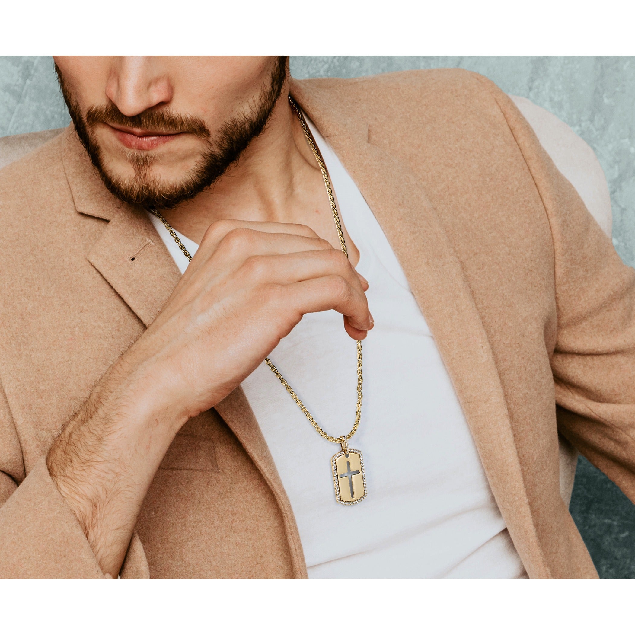 14K Gold 3/4 carat Lab Grown Diamond Cross Dog Tag Pendant