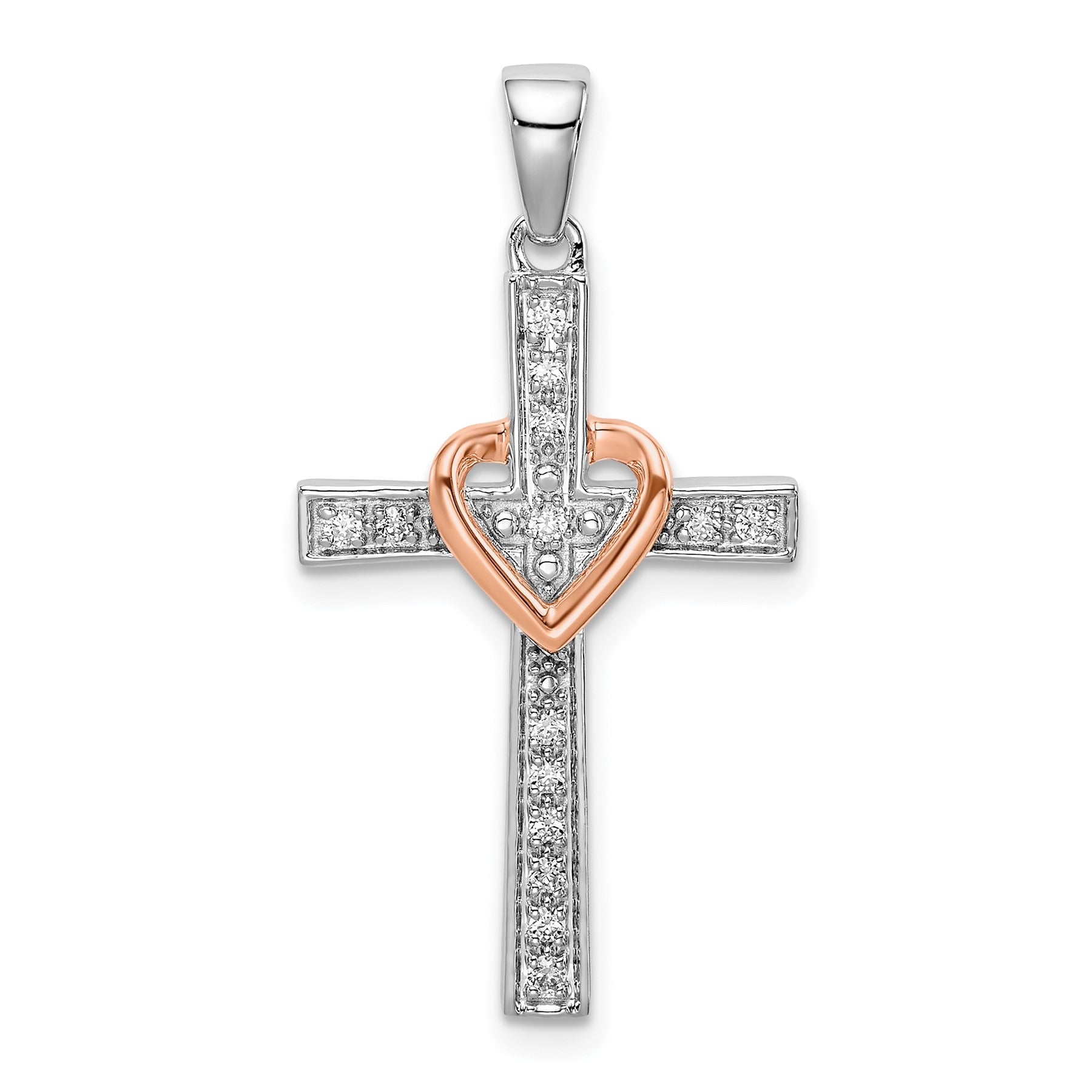 14k Two Tone Rose and White Gold Lab Grown Diamond Cross with Heart Pendant