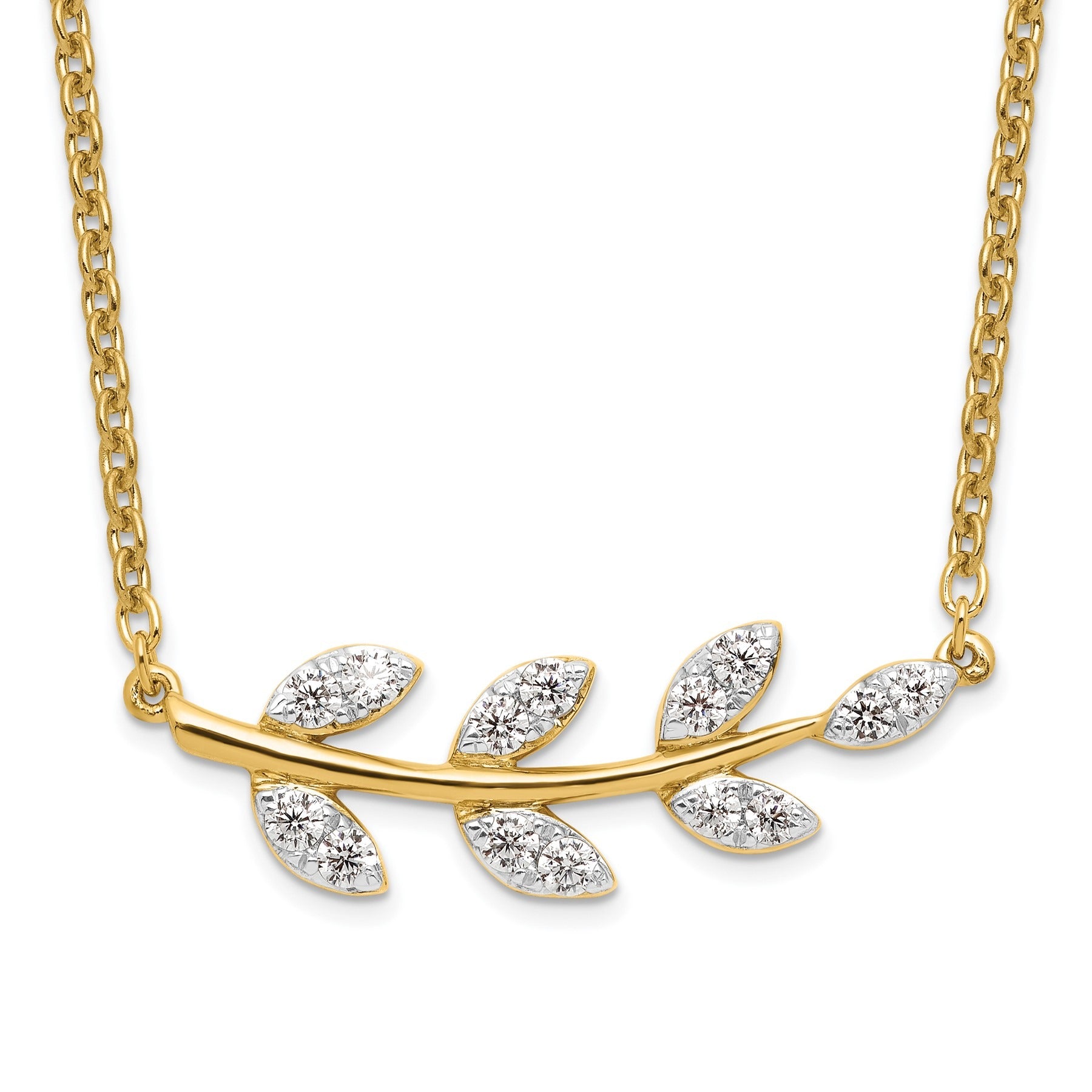 Gold necklace with diamond leaf design on a white background