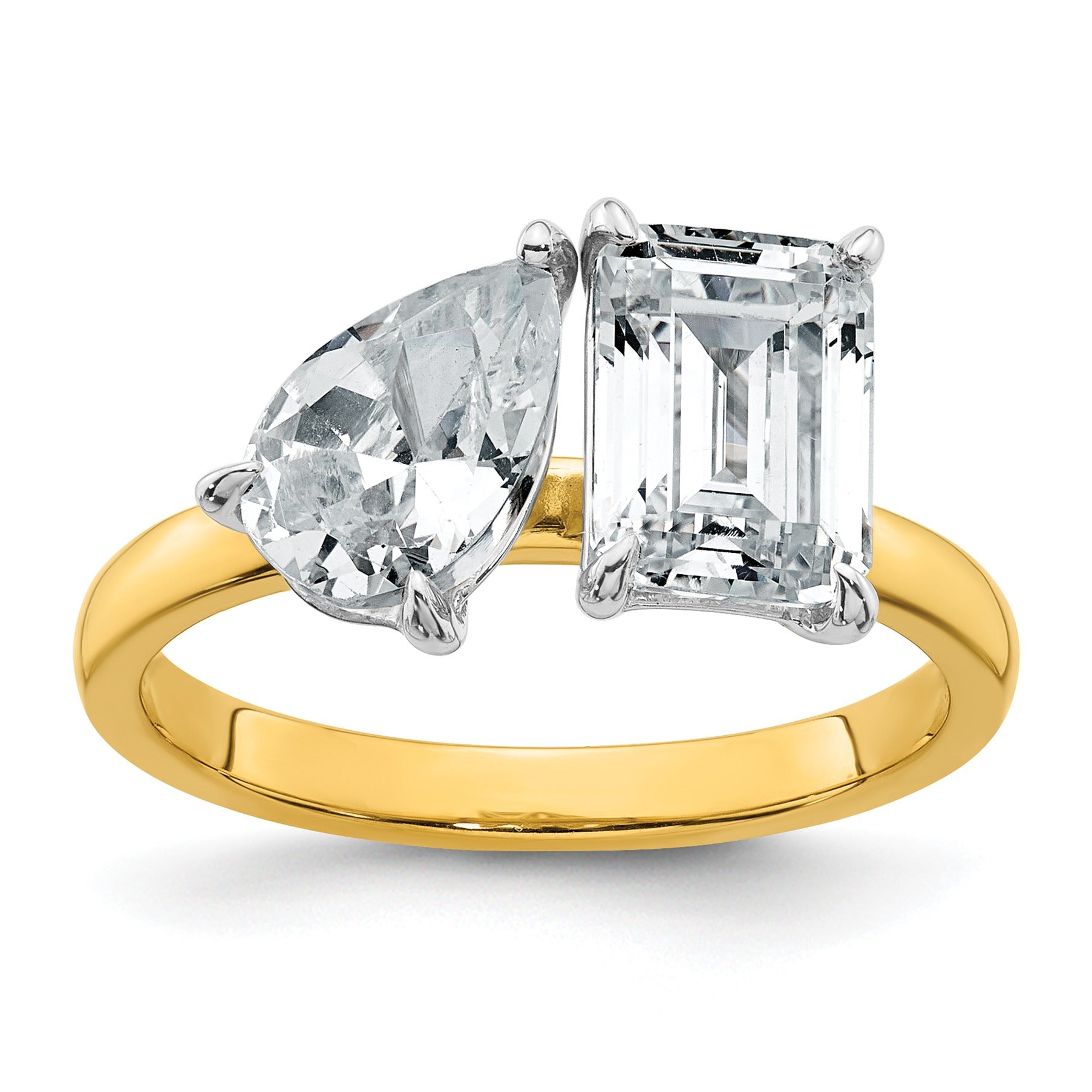 14K Yellow Gold Lab Grown Diamond Pear and Emerald Two Stone Ring 2.88 Ct