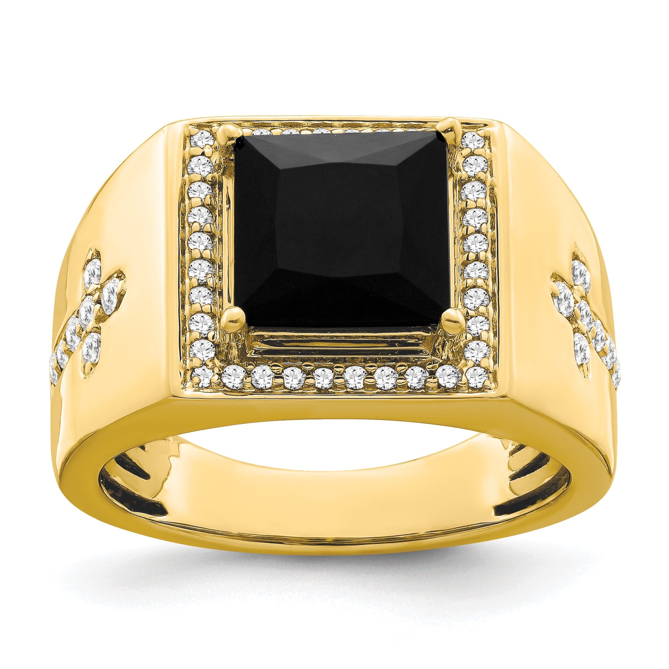 14k Gold 1/2 ct Lab Grown Diamond and Onyx Side Cross Square Men's Ring