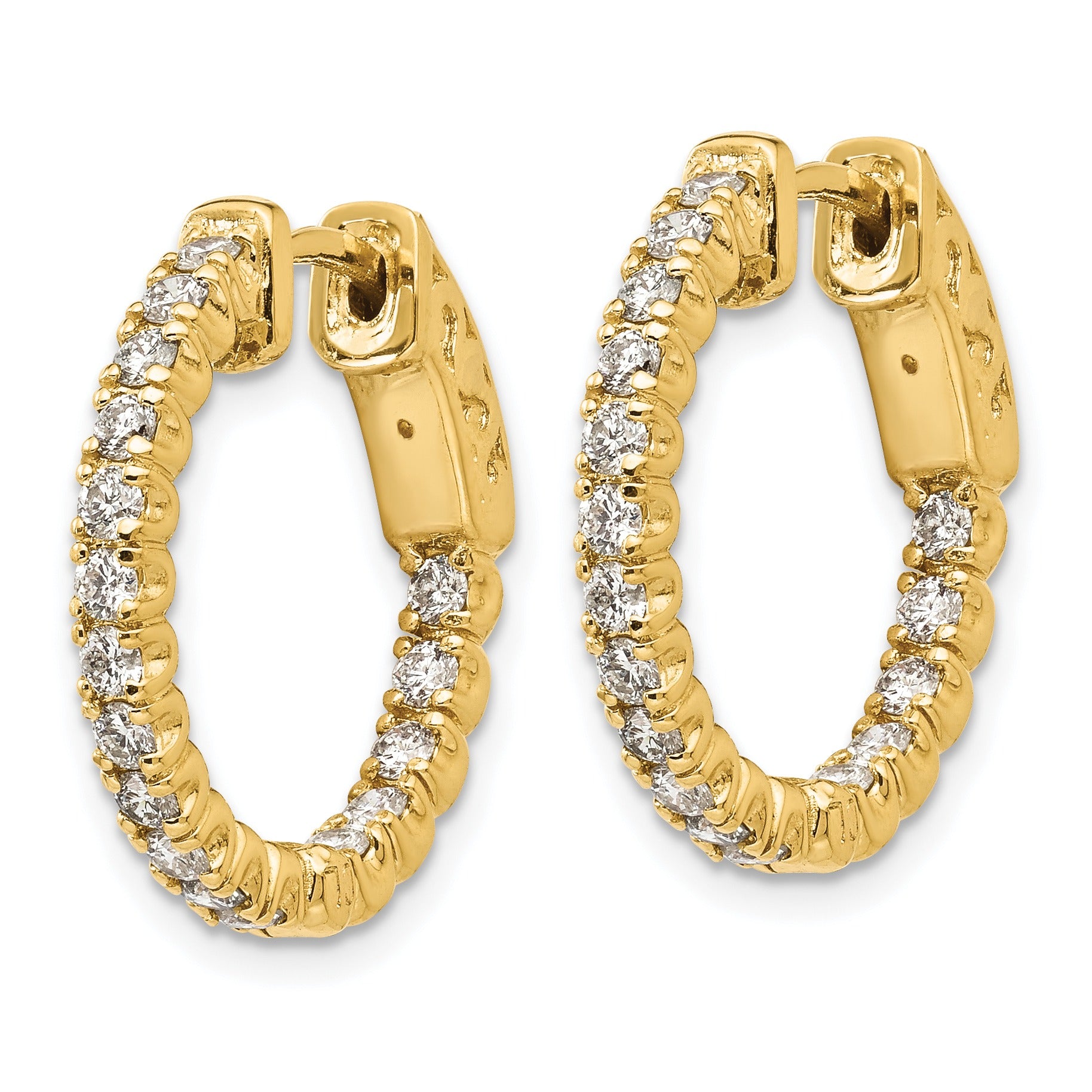 14k Yellow Gold Diamond Round Hoop with Safety Clasp Earrings 1 Ct