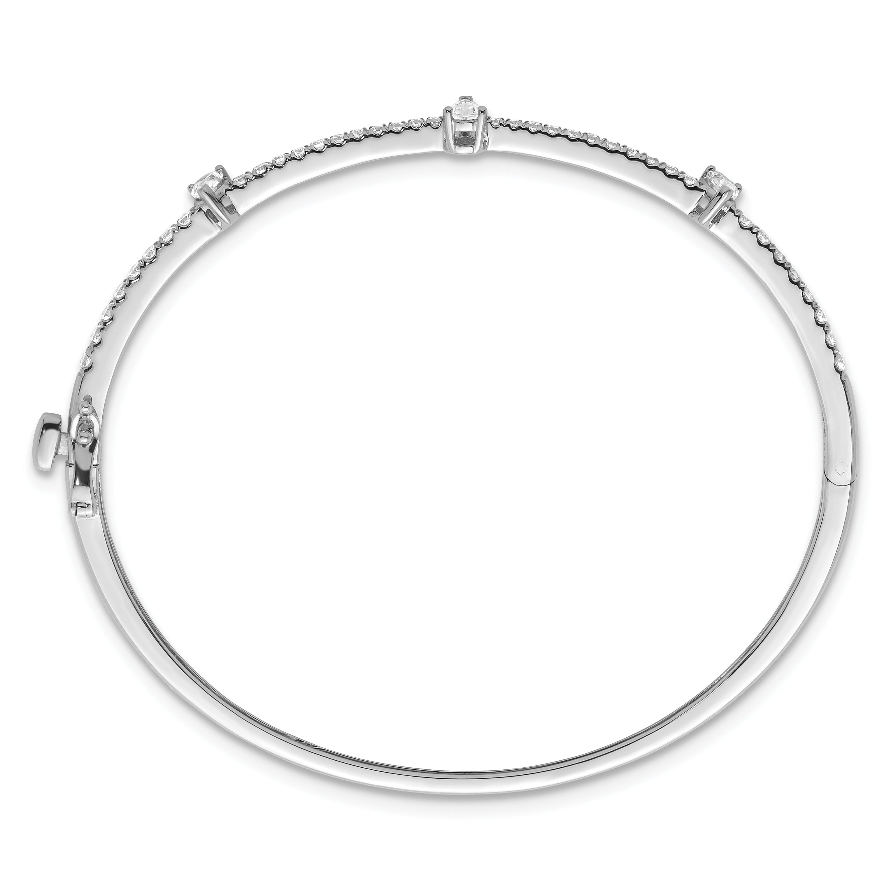 14k White Gold Lab Diamond Round and Pear Hinged Bangle Bracelet