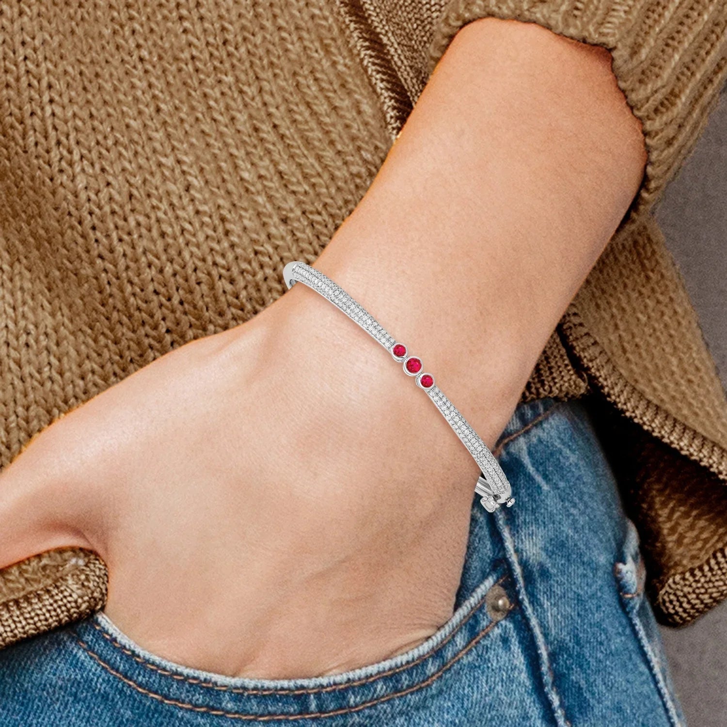 14k White Gold Lab Grown Diamond and Lab Created Ruby Bangle Bracelet
