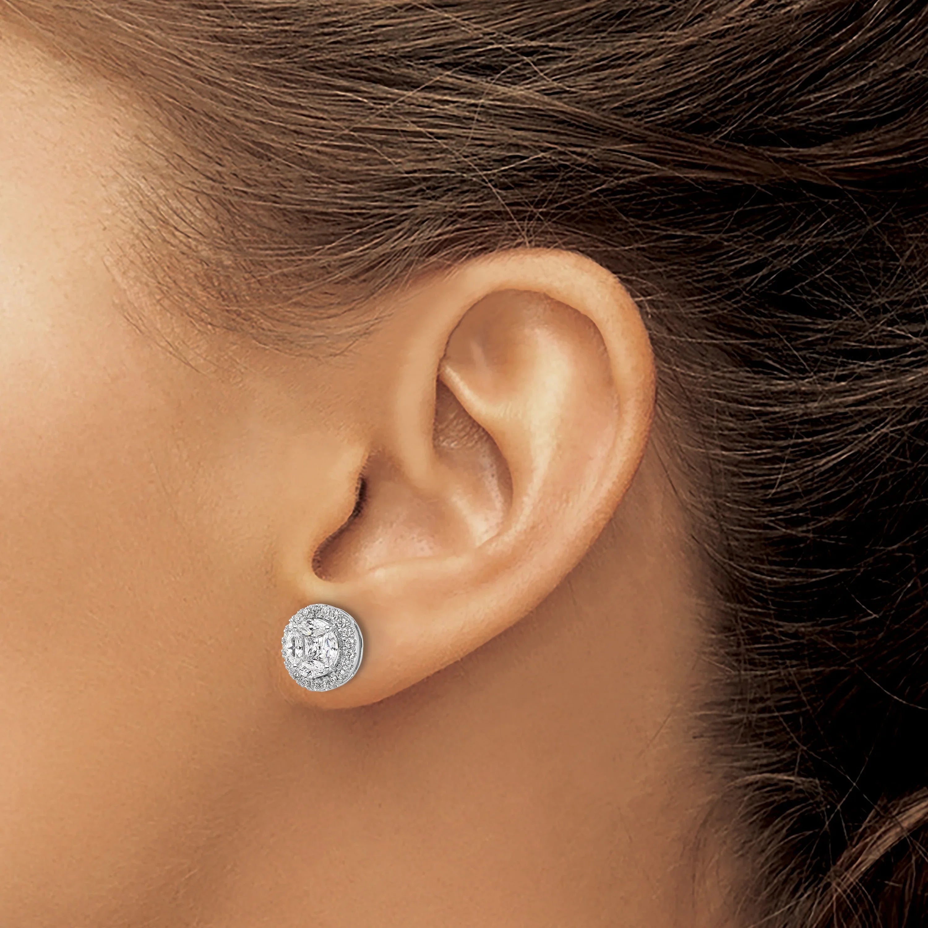 14k White Gold Lab Grown Diamond Round Halo Post Stud Earrings - Fine Diamond