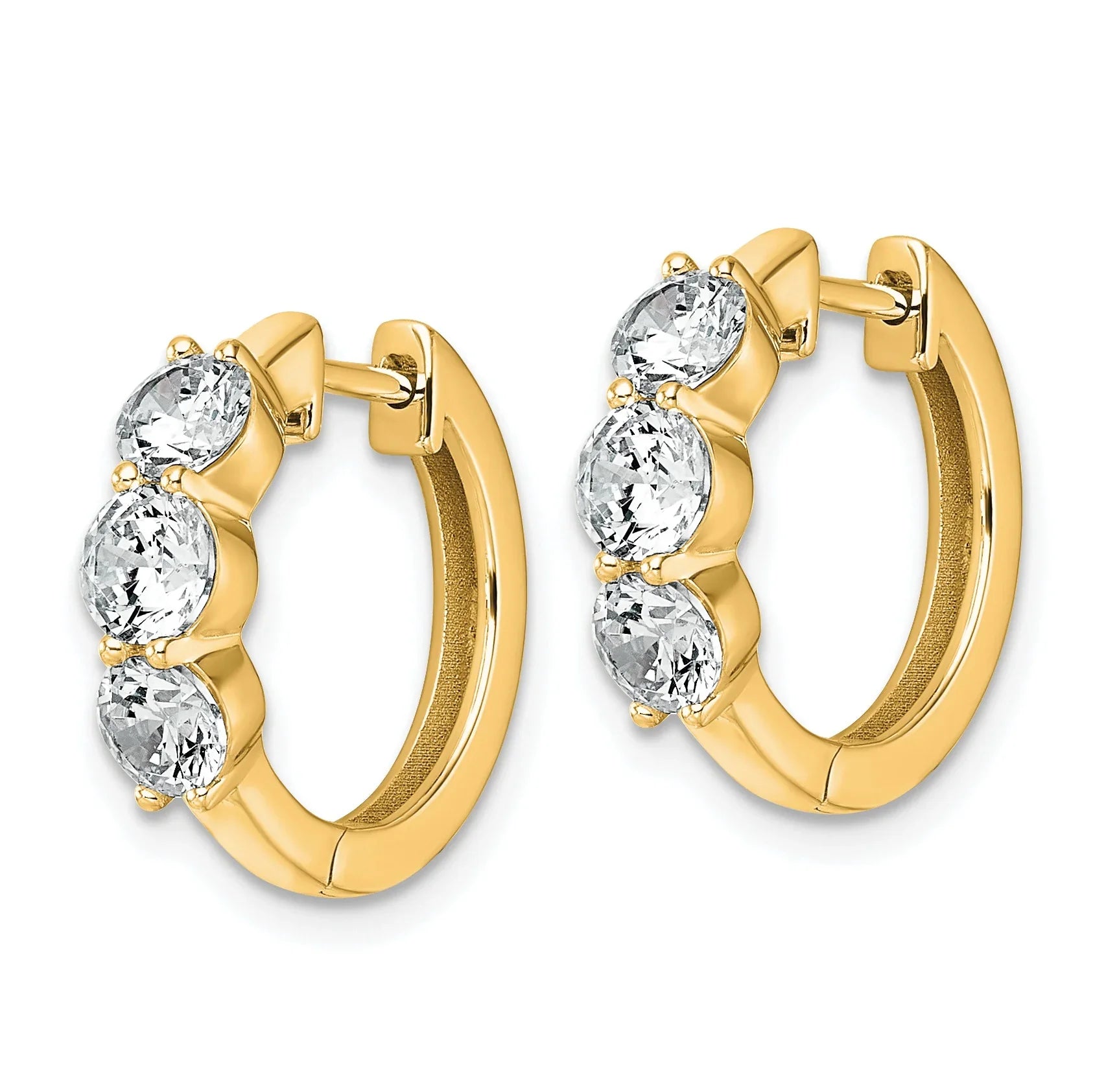 14K Yellow Gold Lab Grown Diamond Three Stone Hinged Hoop Earrings - Fine Diamond