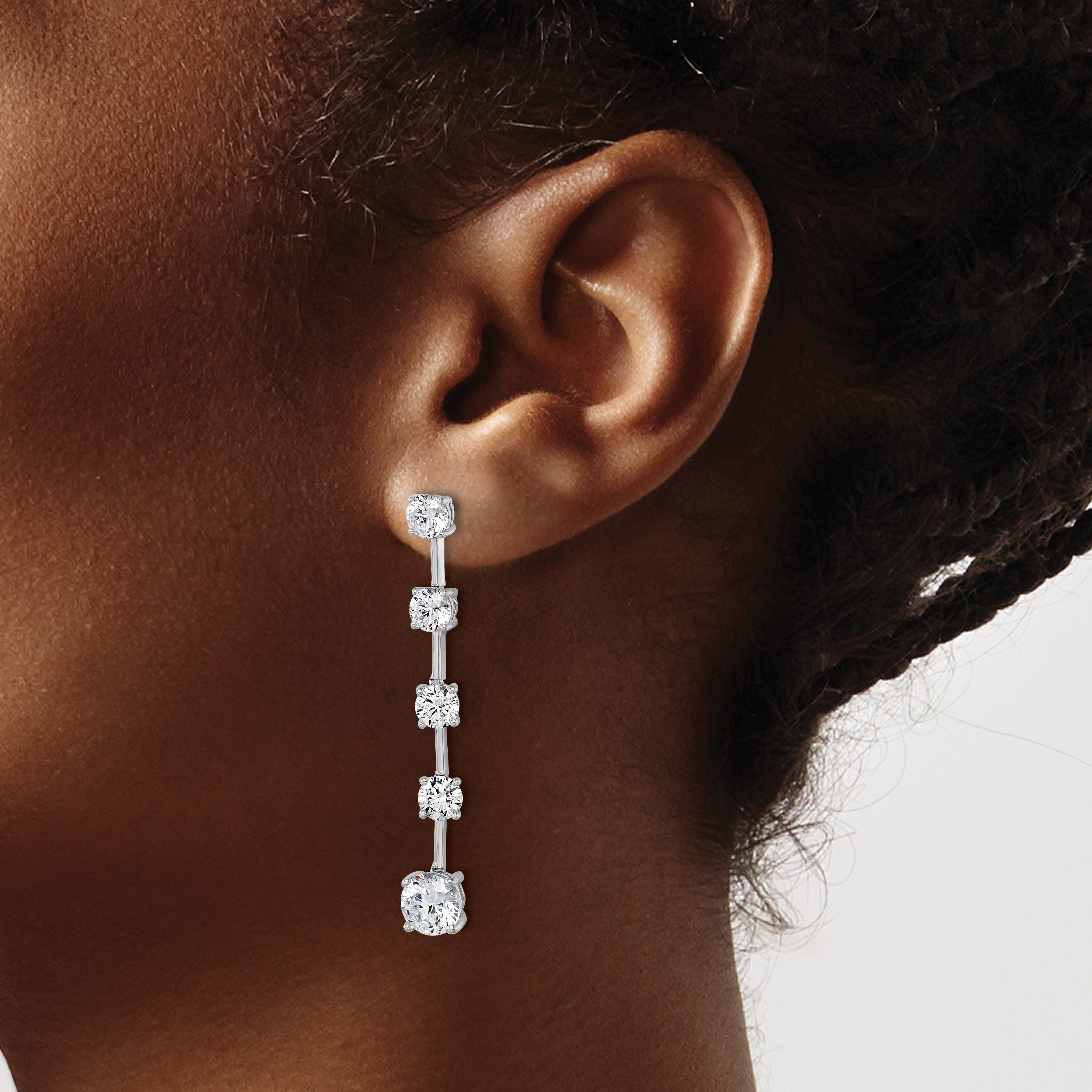 14K White Gold Lab Diamond Round Post Graduated Dangle Earrings