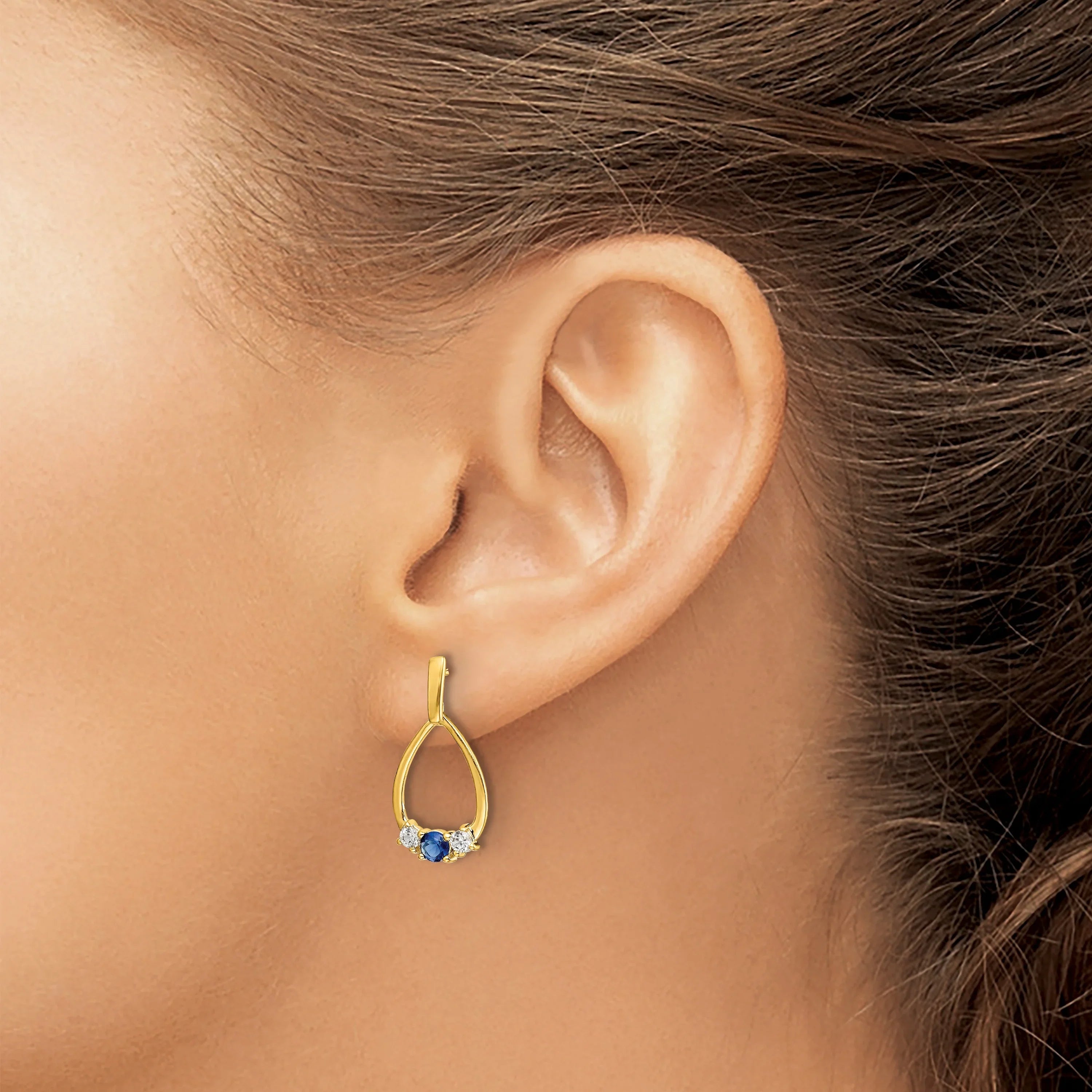 Yellow Gold Lab Diamond and Created Sapphire Dangle Teardrop Earrings - Fine Diamond