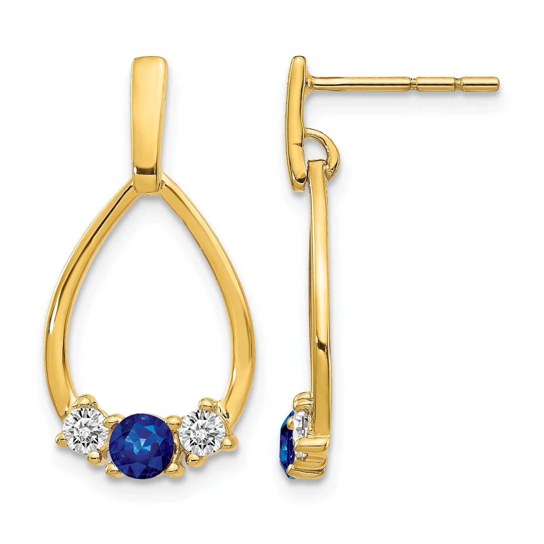 Yellow Gold Lab Diamond and Created Sapphire Dangle Teardrop Earrings - Fine Diamond
