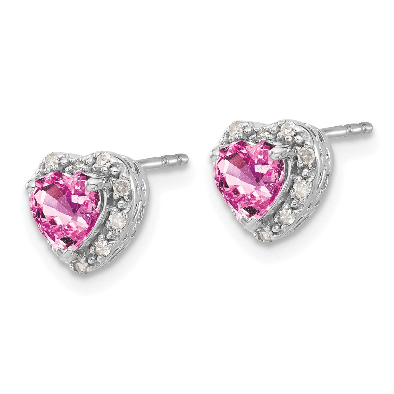 14K White Gold Lab Grown Diamond Heart Pink Sapphire Studs 1.10 Ct.