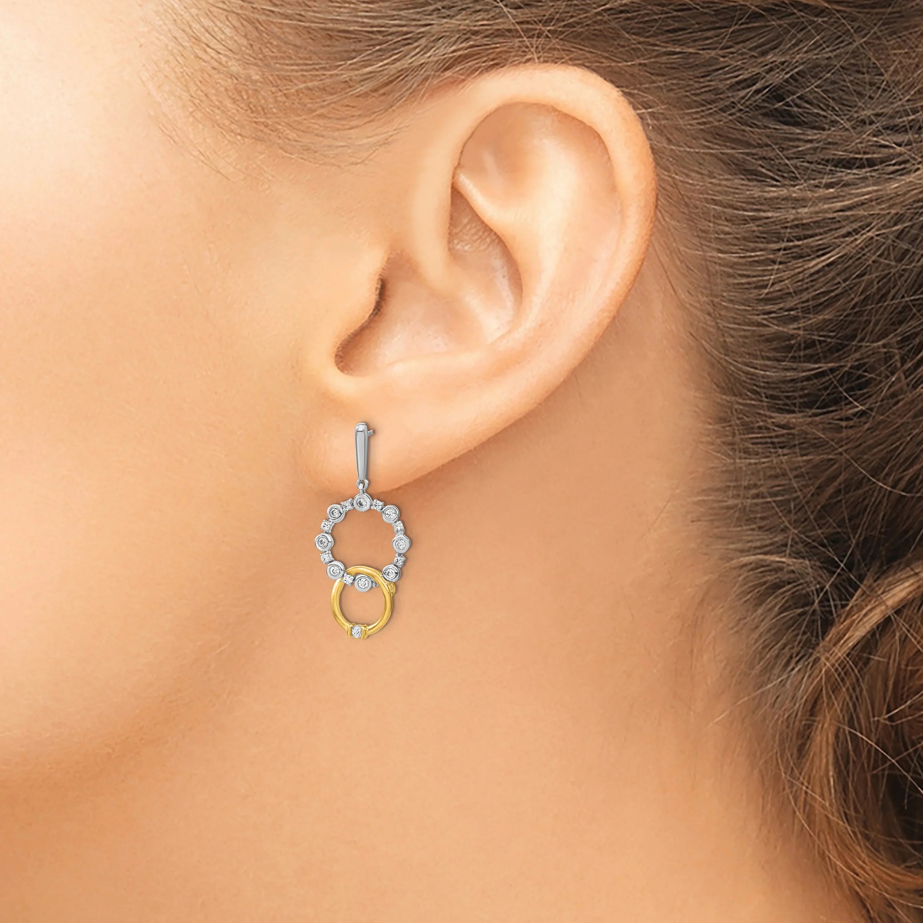 14k Two-tone Lab Diamond Circle Drop Post Dangle Earrings - Fine Diamond