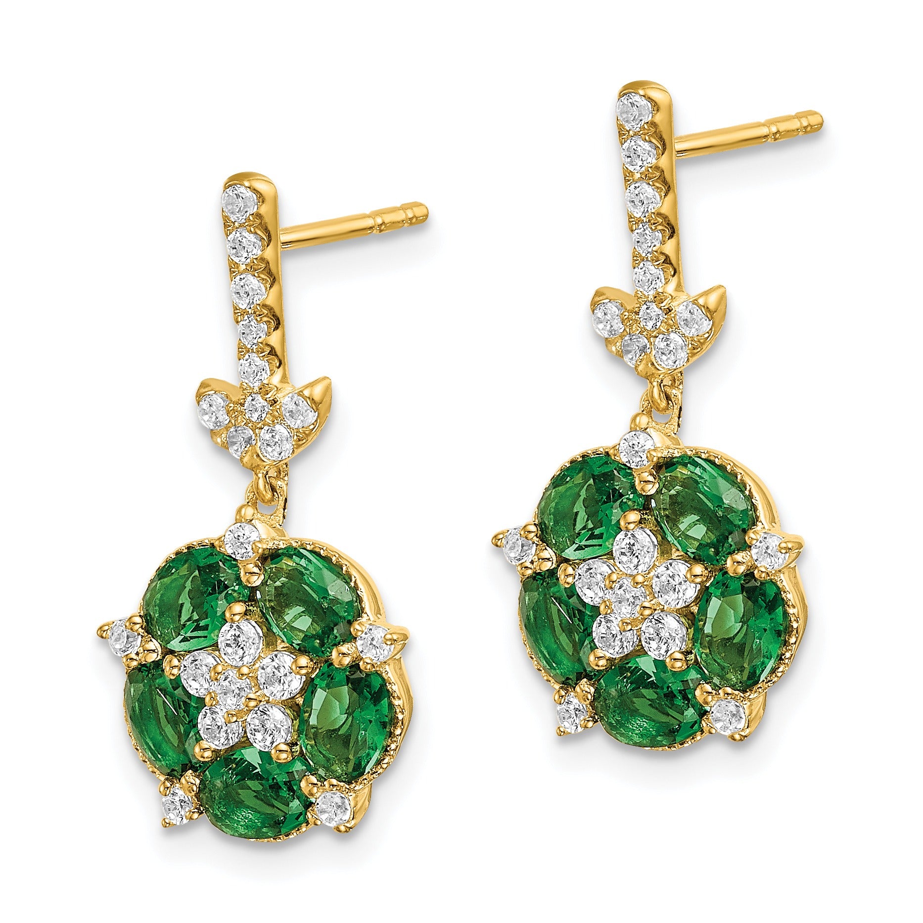 14k Gold Lab Grown Diamond and Created Emerald Dangle Post Earrings
