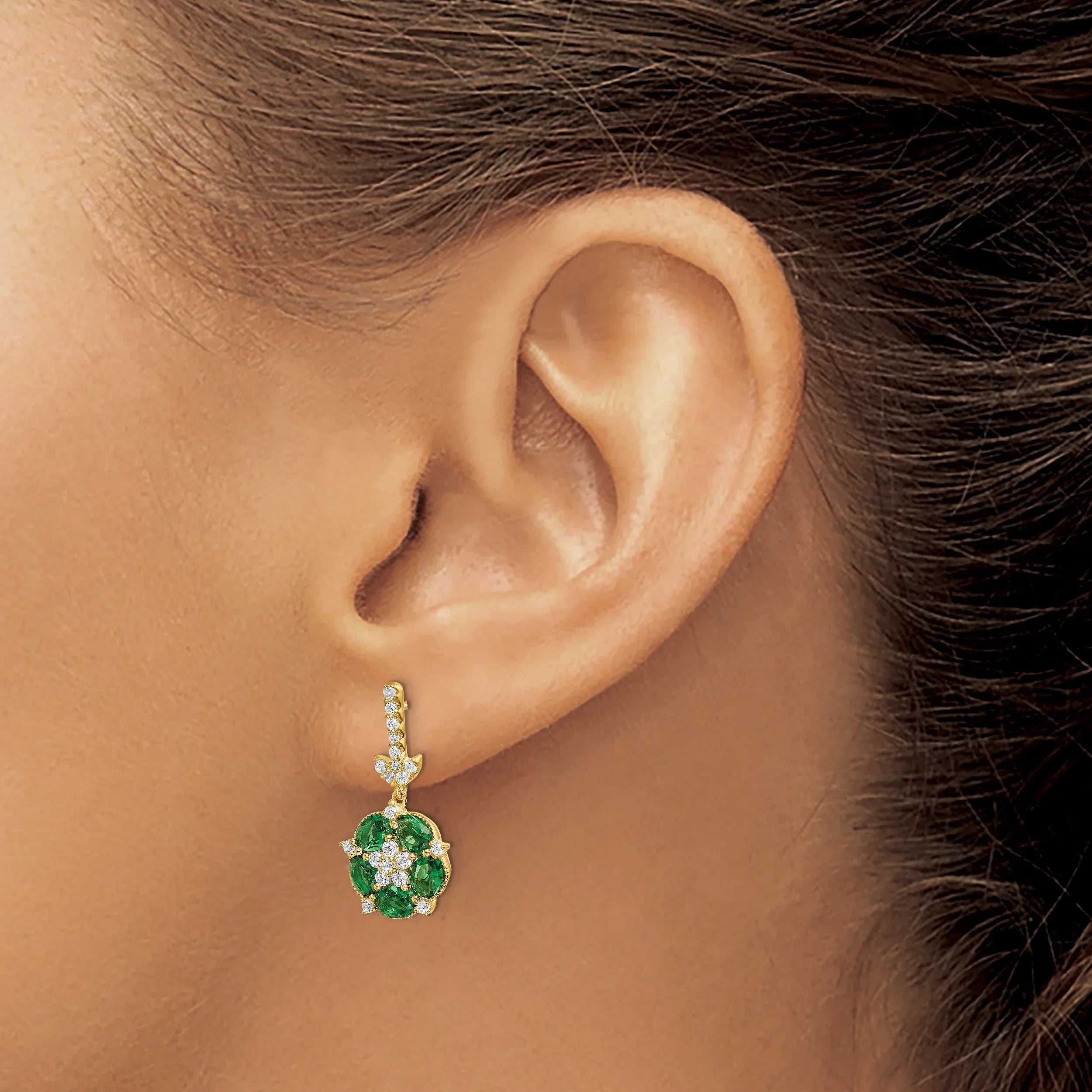 14k Gold Lab Grown Diamond and Created Emerald Dangle Post Earrings - Fine Diamond