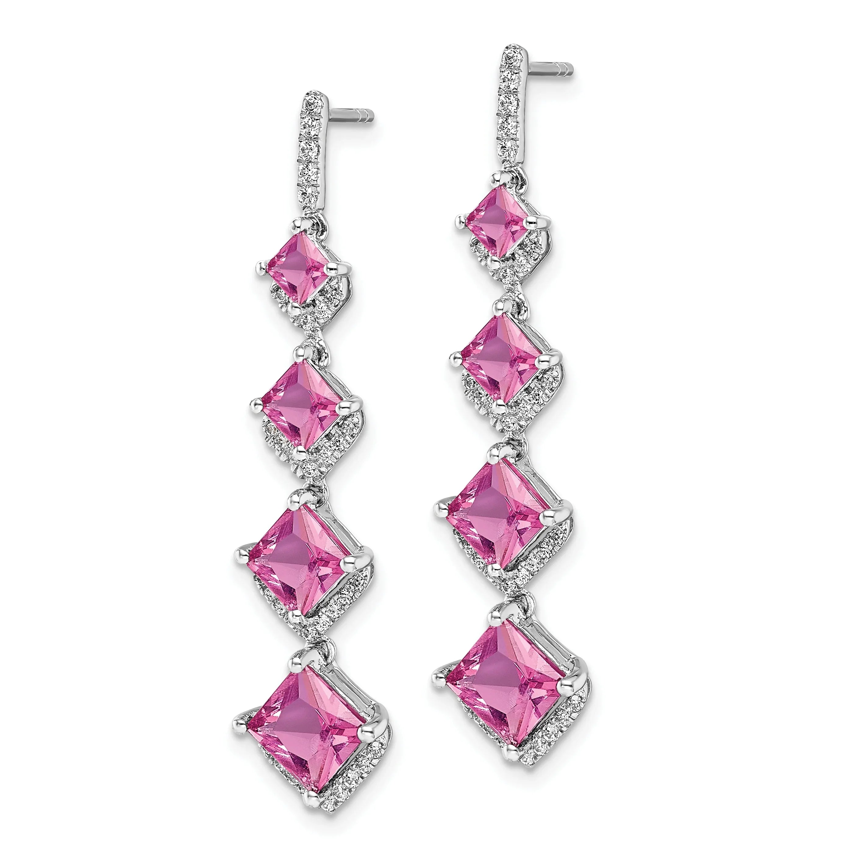 14k White Gold Lab Grown Diamond and Pink Sapphire Dangle Earrings - Fine Diamond
