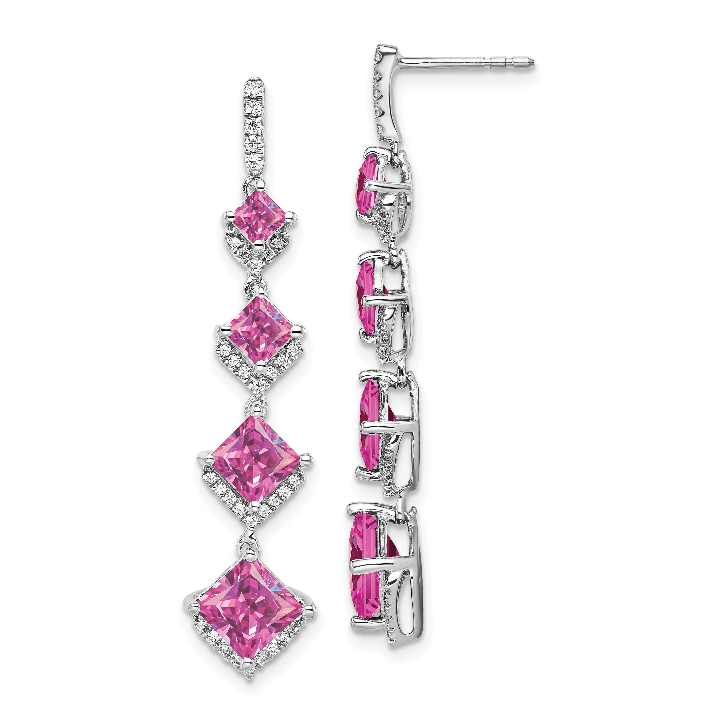 14k White Gold Lab Grown Diamond and Pink Sapphire Dangle Earrings