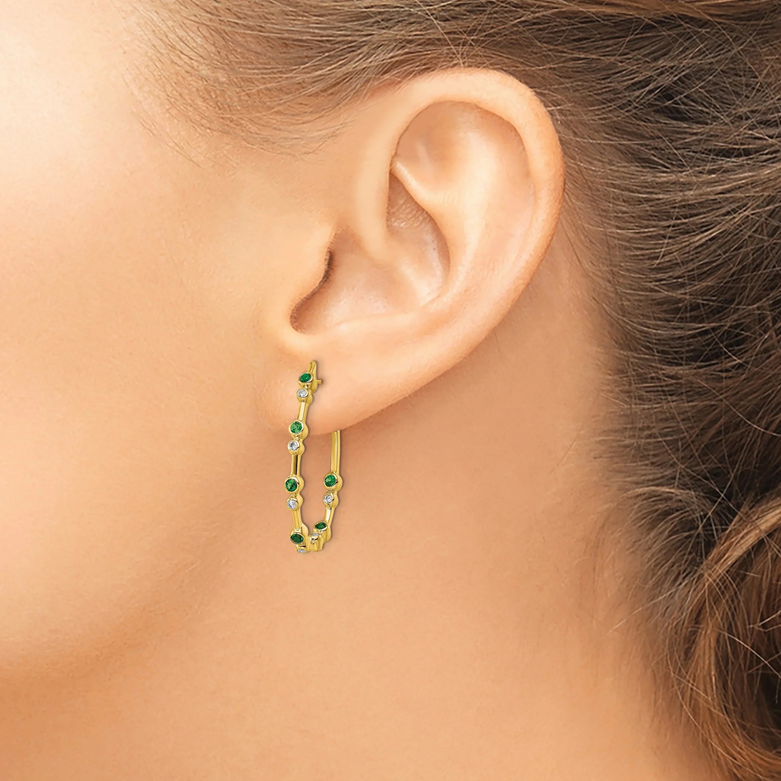 14K Yellow Gold Lab Grown Diamond and Emerald Post Hoop Earrings - Fine Diamond