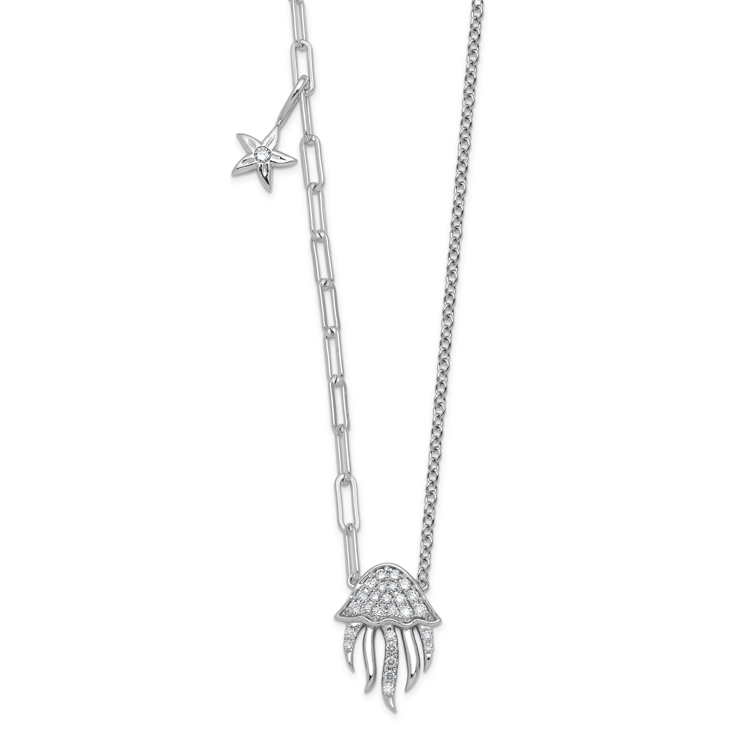 0.23 Ct Round White Lab Diamond Prong 14K White Gold Jellyfish & Starfish Paperclip Cable Chain Necklace